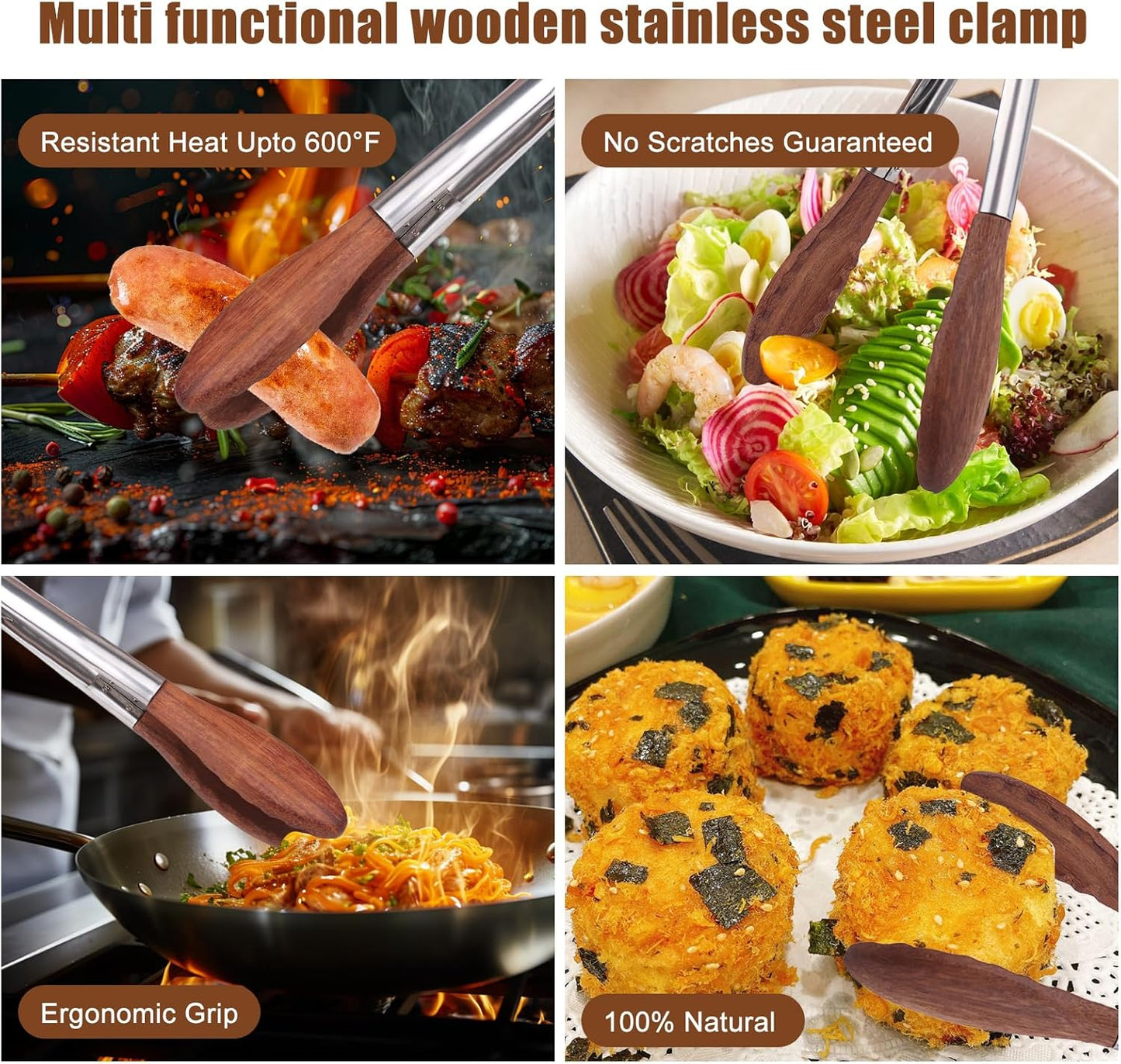 2-pcsTongs for Cooking with Wooden Tips - Nonstick Cooking Tongs & Salad Tongs for Blooming Food，Cooking, BBQ and Tossing Salad - Made of Natural Walnut Wood，Long Style15inch Short Style 11.4inch