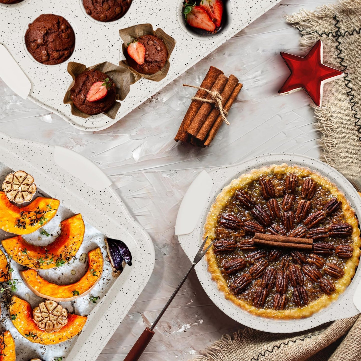 10-Piece Kitchen Nonstick Stackable Bakeware Set, Non Toxic Bakeware Sets with Silicone Handles, Includes Cookie Sheets, Cake Pan, Loaf Pan, Pizza Pan, Muffin Pan, White