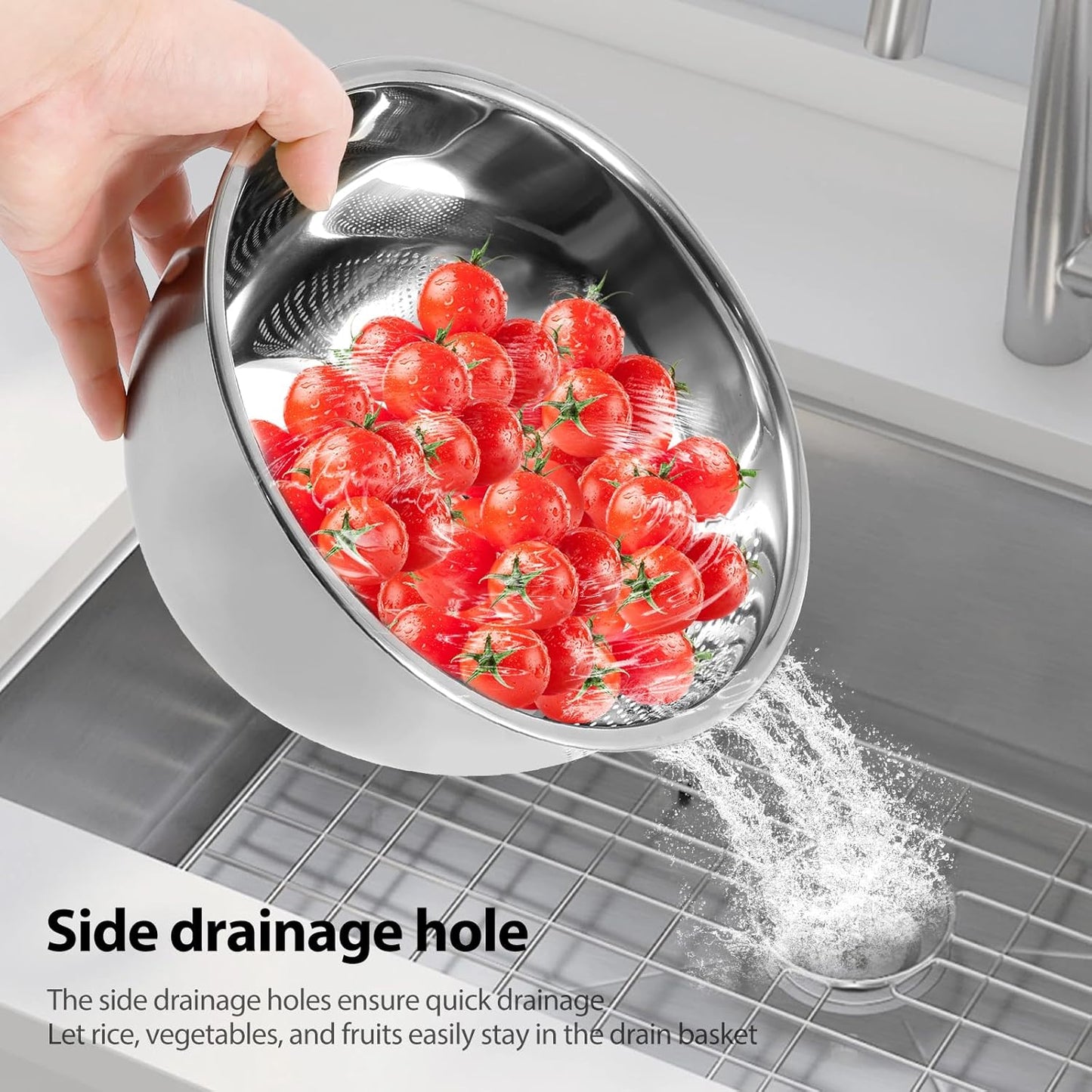 2PCS Rice Washer Strainer Bowl with Side Drainers Stainless Steel Rice Washing Bowl Multifunctional Colander for Cleaning Rinsing Fruits Vegetables Beans Silver