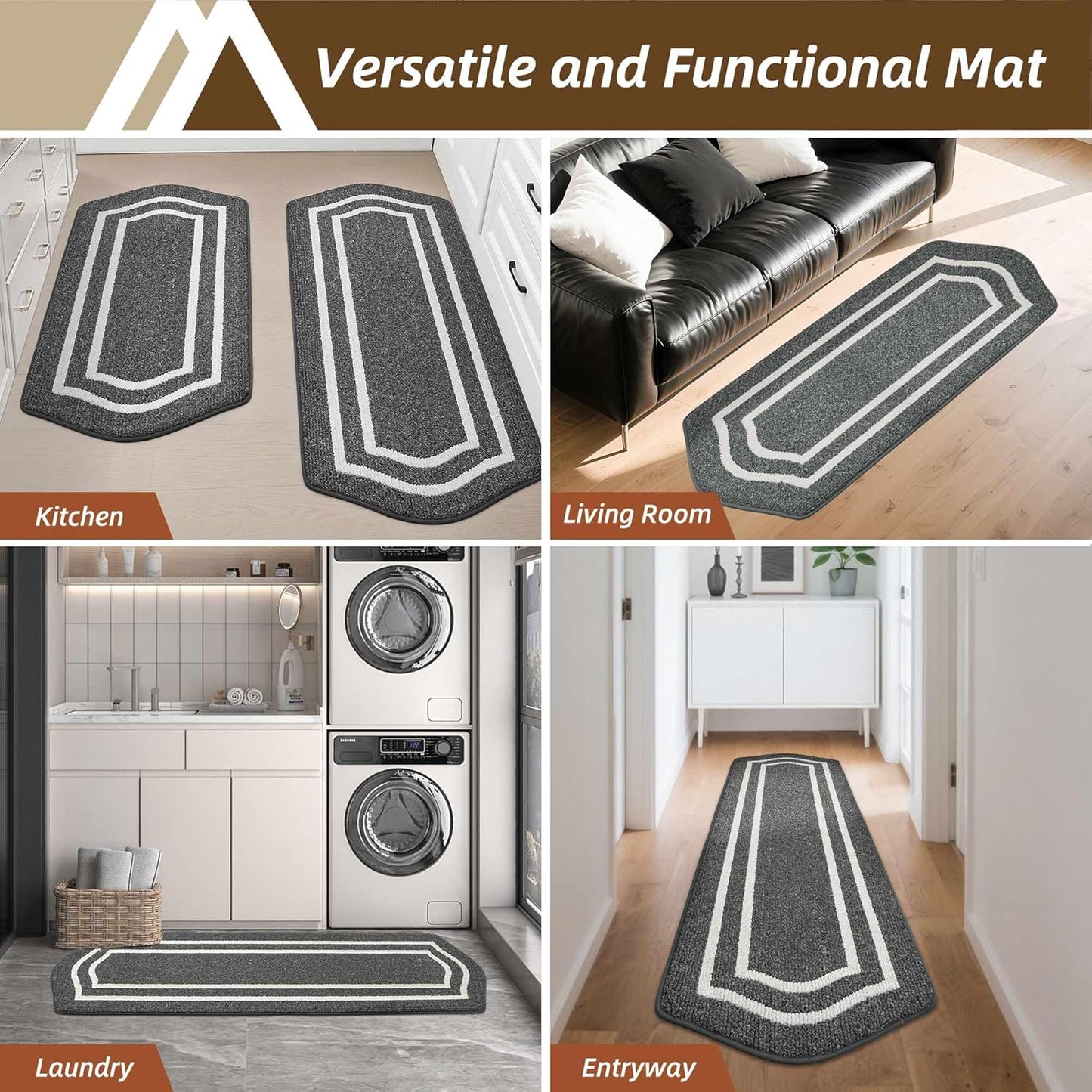 COSY HOMEER Long Kitchen Floor Mats for in Front of Sink Super Absorbent Kitchen Rugs and Mats 24"x59" Non-Skid Kitchen Mat Standing Mat Washable,Polypropylene,Dark Grey,Frame