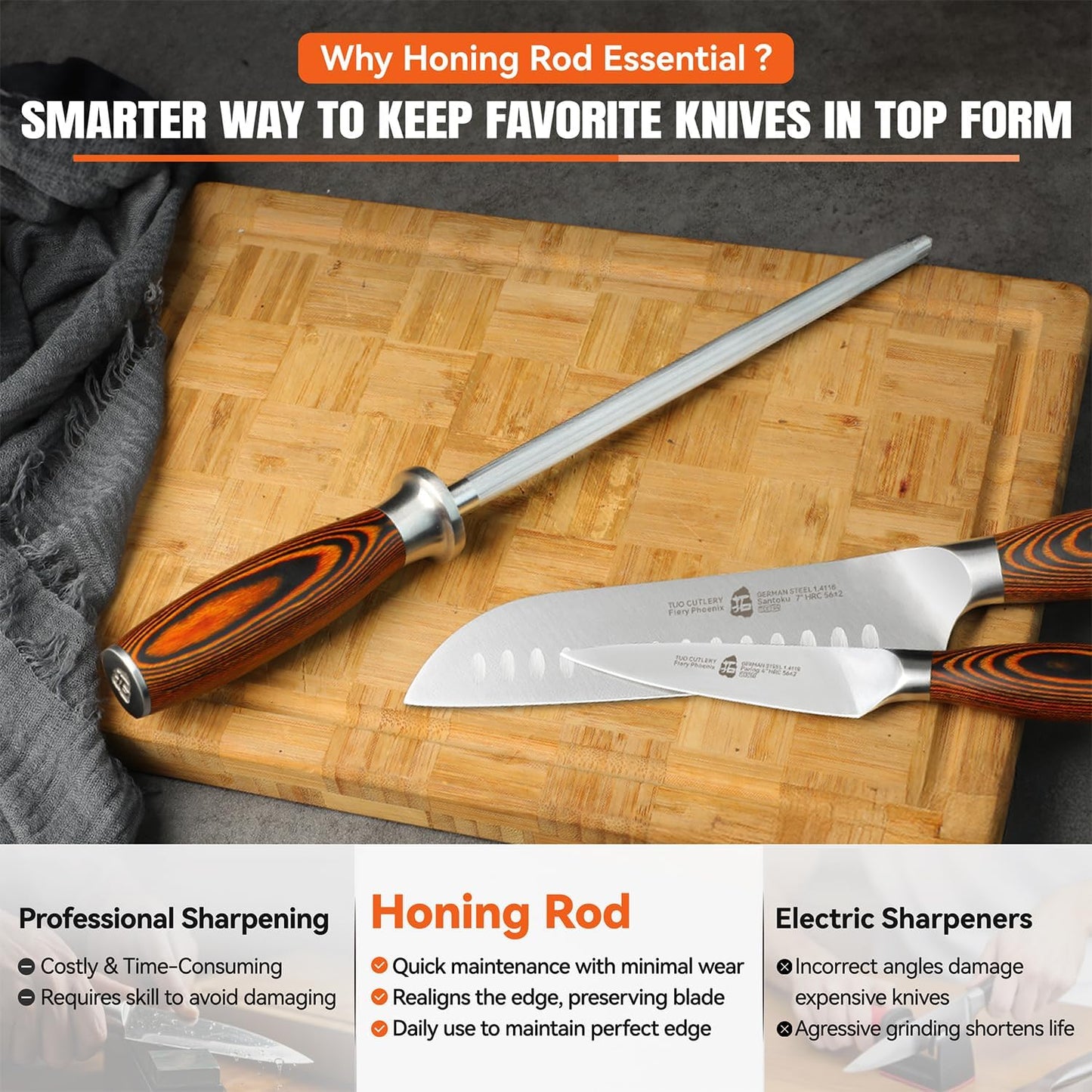 TUO Honing Steel, Sharpener Rod with Thicker Steel Core for Kitchen Knives Daily Sharpening Maintenance, High Carbon Steel, Ergonomic Handle, 8 inch