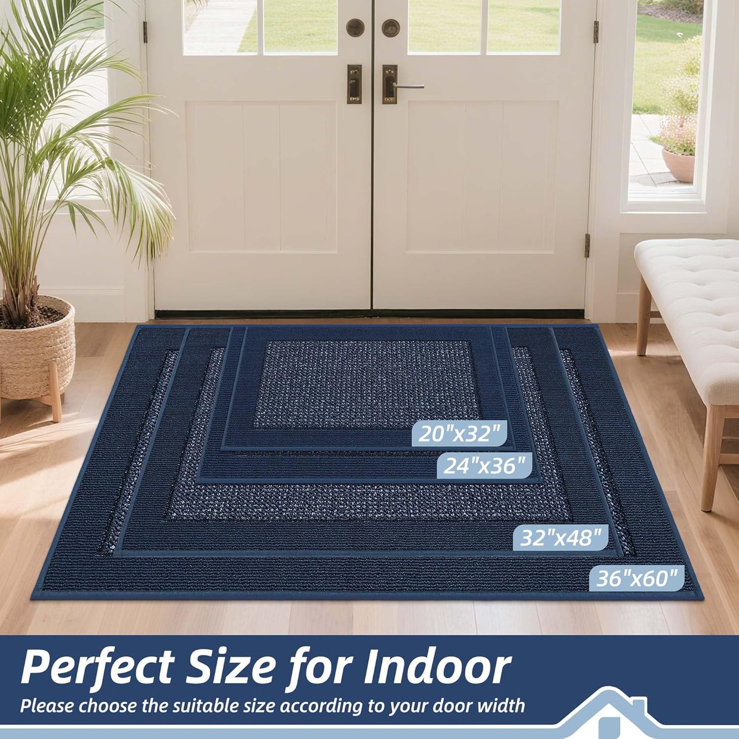 BEQHAUSE Indoor Door Mat 36" x 60", Dirt Trapper Door Mats Non-Slip Entryway Rugs Washable, Resist Dirt Absorbent Welcome Mat, Low Profile Floor Mats for Front Back Door and Entryway, Blue