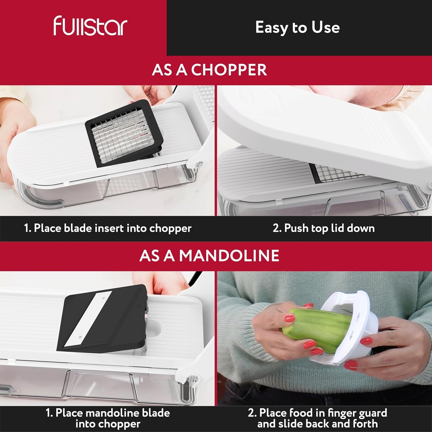 Fullstar Mandoline Slicer for Kitchen - Vegetable Chopper, Onion Potato Food Veggie Fruit Slicer and Cutter with Container, Kitchen Gadgets & Accessories, Home Essentials (6-in-1, Full White)