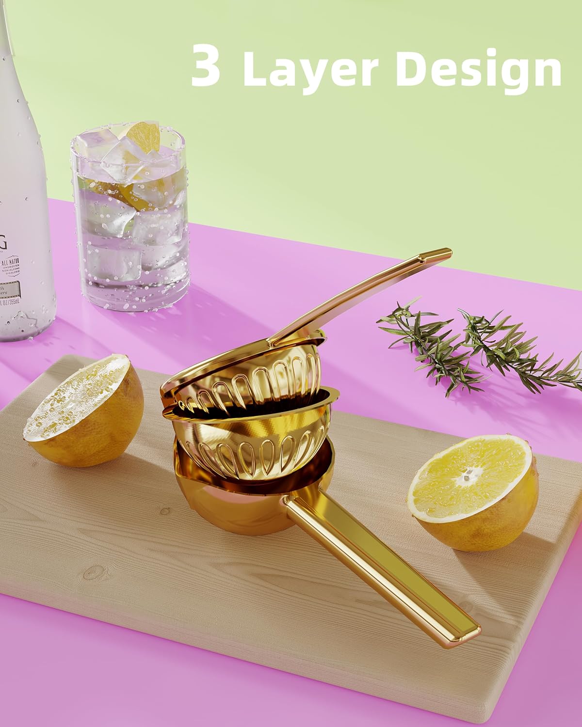 Lemon Squeezer Stainless Steel - Heavy Duty Solid Metal Squeezer Bowl - Large Manual Citrus Press Juicer and Lime Squeezer - 2 in 1 hand Juicer - Store Juice -No Splashing-Gold