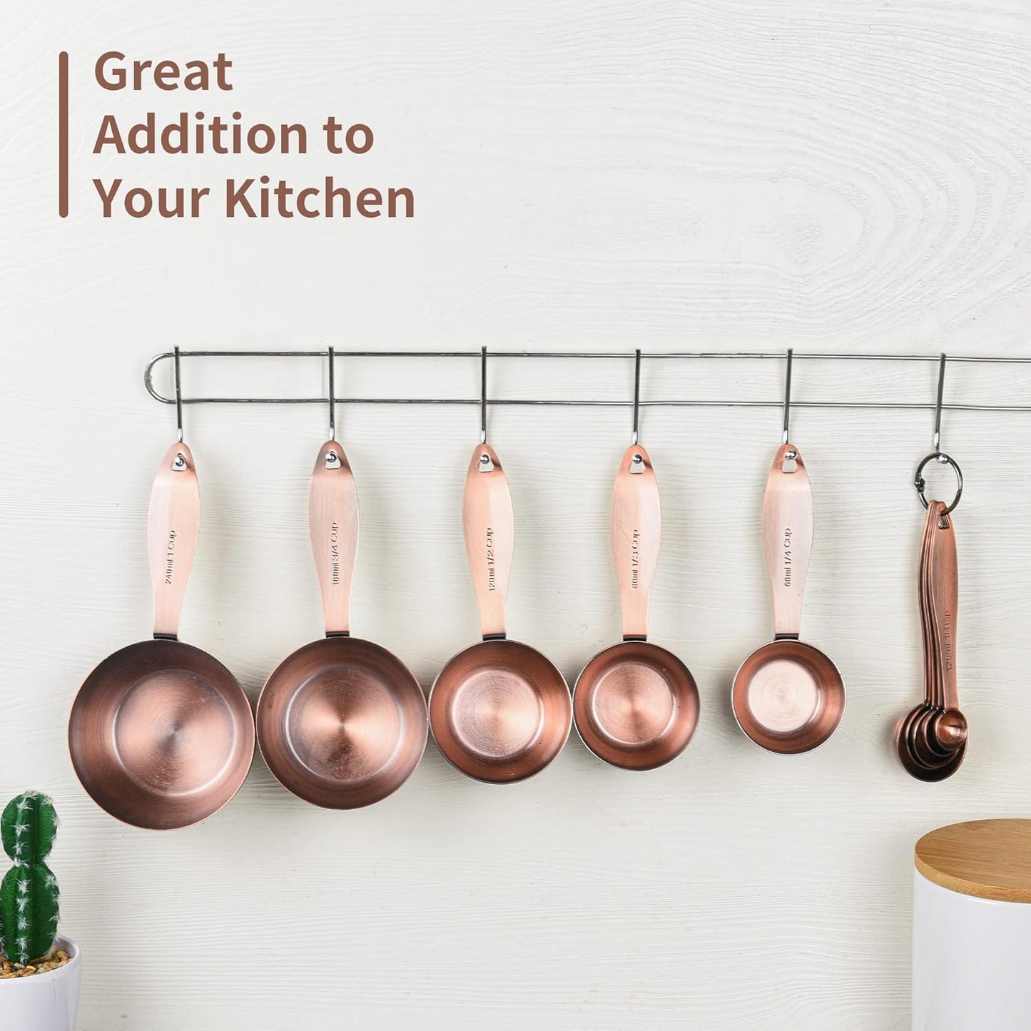 Copper measuring cups and spoons set,Includes 5 Copper Measuring Cups and 5 Measuring Spoons and Measure Ingredient Leveler and Rings（copper）