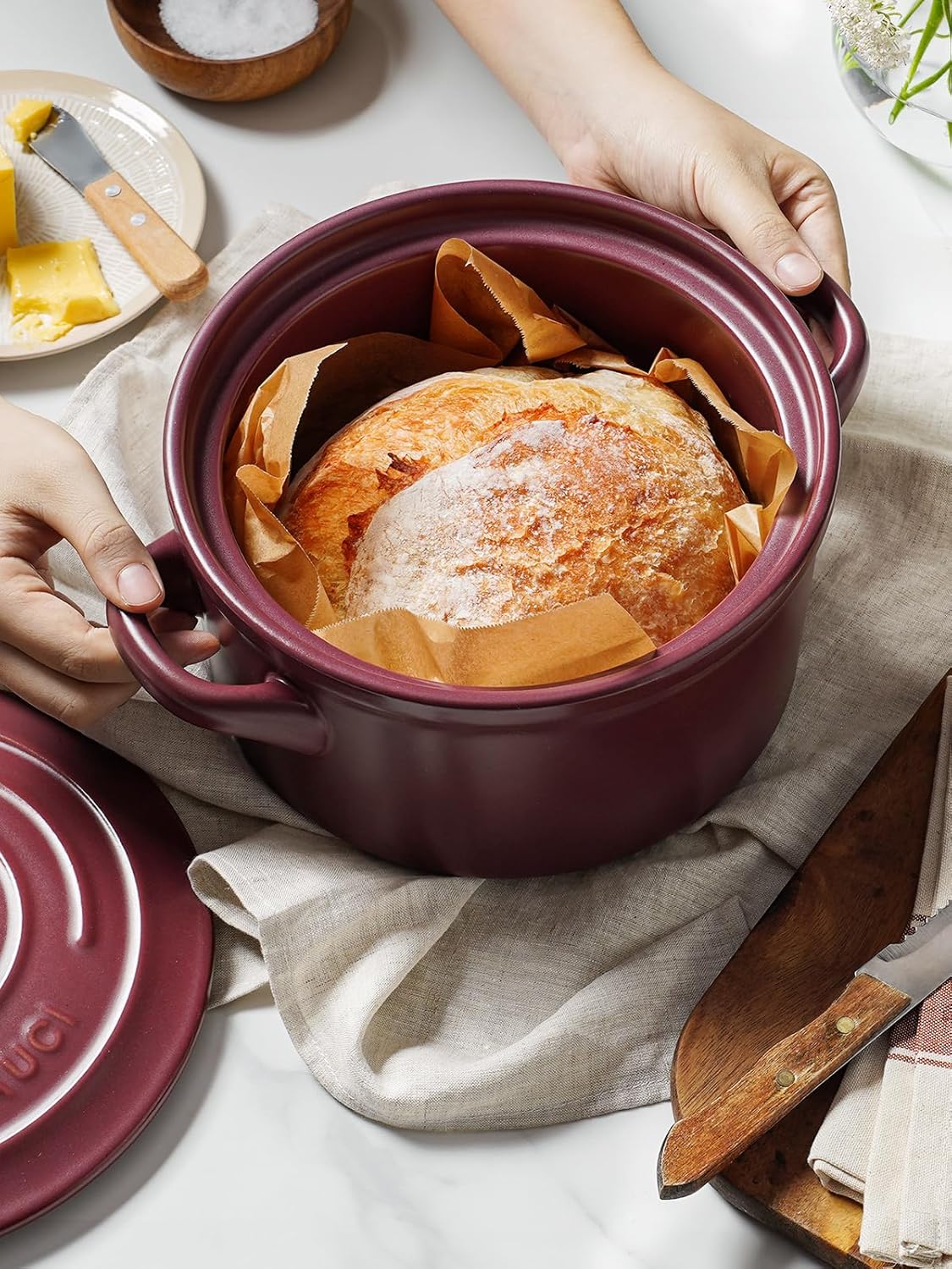 LE TAUCI 3 Quart Ceramic Dutch Oven - Lightweight, Non-Toxic, No Seasoning Needed- Oven, Microwave & Dishwasher Safe, Dutch Oven Pot with Lid for Sourdough, Soup & Stew, Burgundy Red