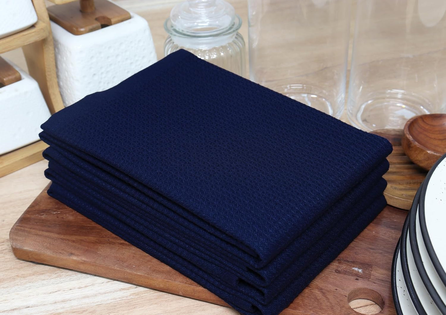 PurpleEssences Waffle Weave Kitchen Towel, 100% Cotton - 15 x 25 Inches, with Hanging Loop Ultra Soft Absorbent Quick Drying Dish Cloth, Tea and Hand Towels, 4 Pack - Navy Blue