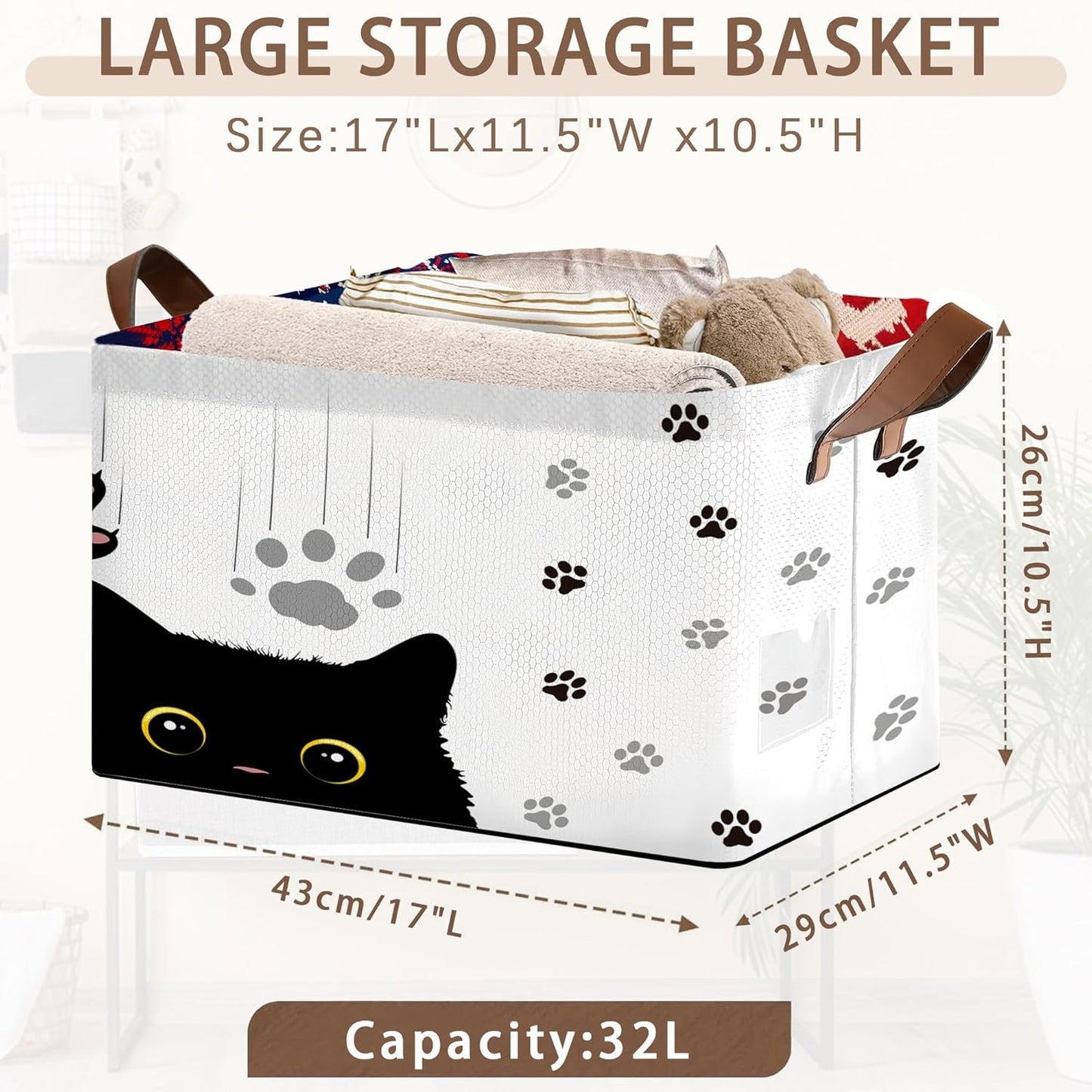 Black Cat Storage Basket Large 17x11.5x10.5 Inche-Collapsible Fabric Organizer Bin with Handles for Halloween Decor, Pet Lovers,Gothic Theme-Decorative Hamper with Minimalist Feline Design-Single Pack