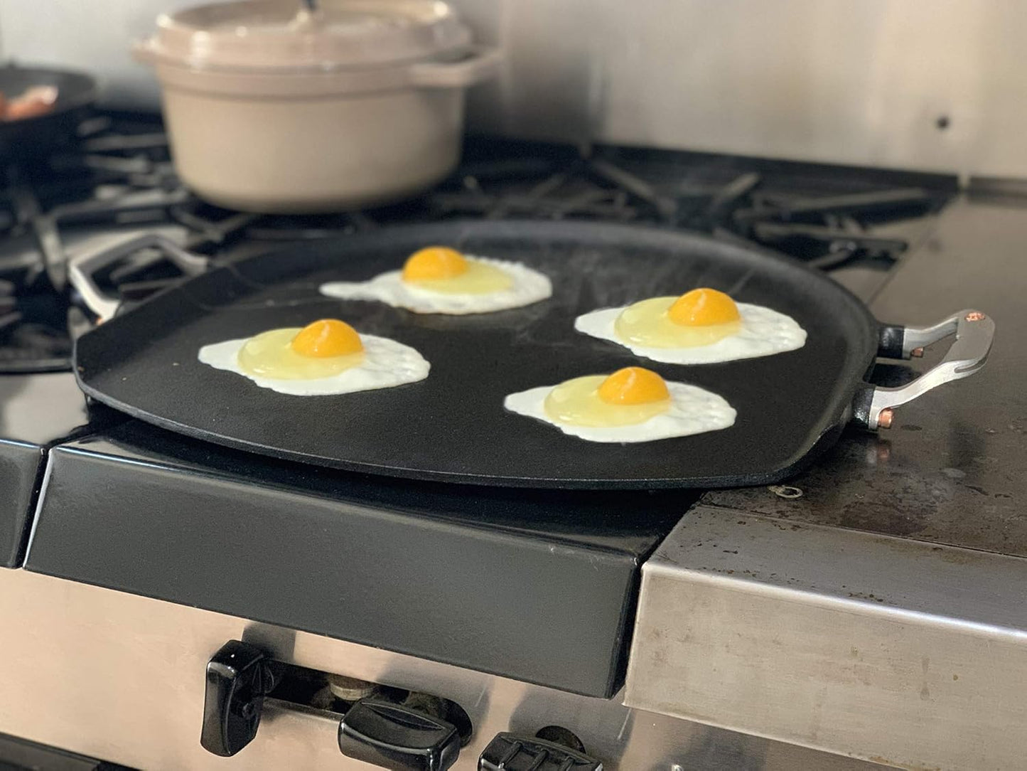 Outset Cast Iron Grill Skillet and Pan with Forged Handles for Pizza, Eggs, Pancakes, Burgers and Steaks, 14-inch, Black