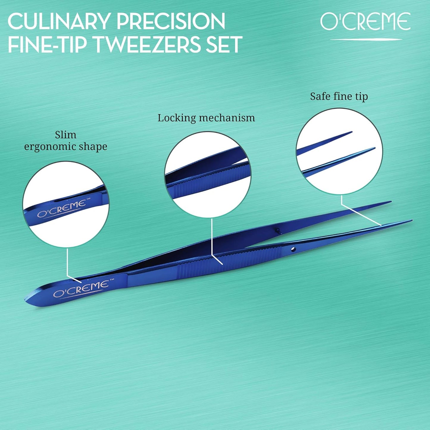 O'Creme Stainless Steel Precision Kitchen Tweezer Tongs 6.25" with Fine Tip (Blue)