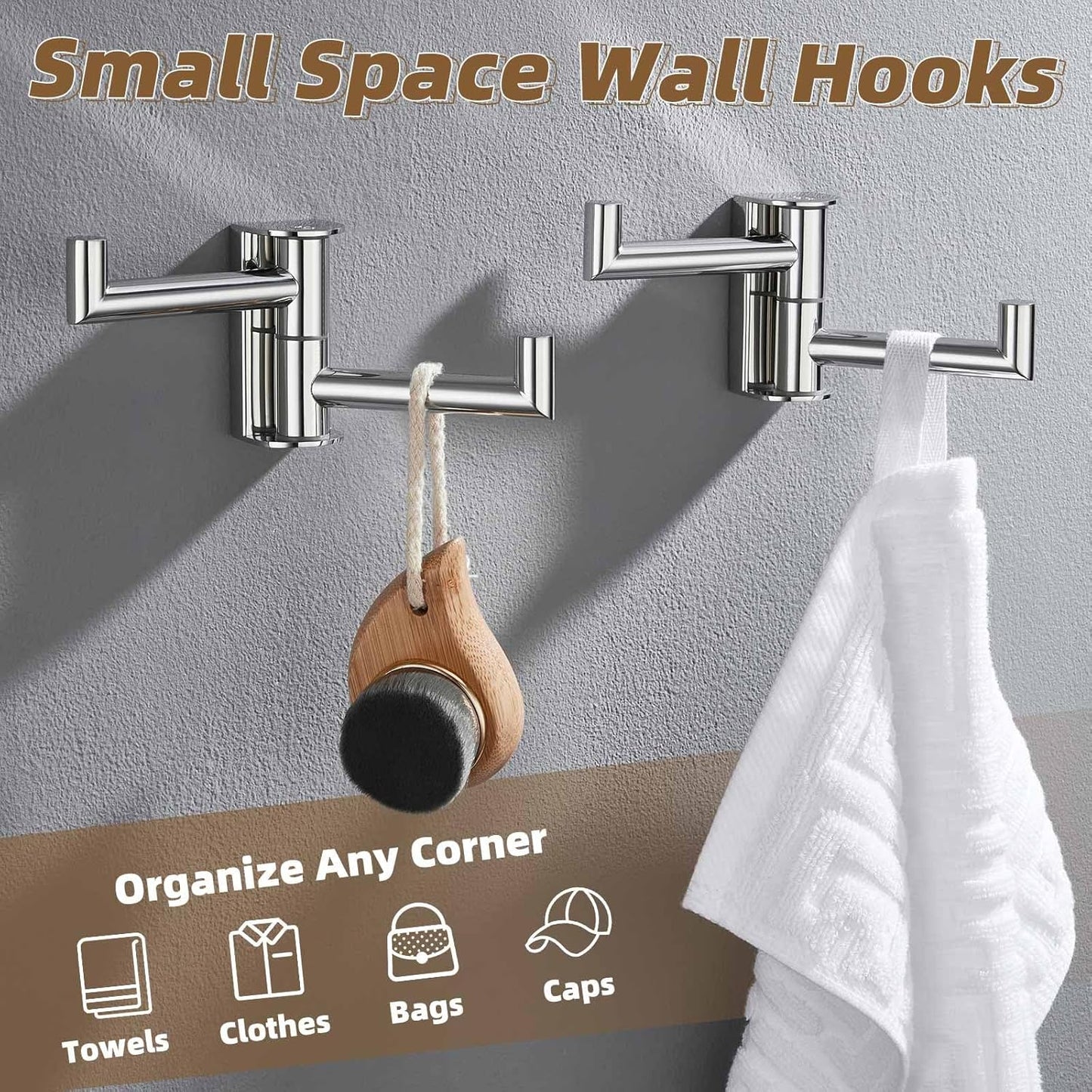 APLusee Swivel Towel Hook Polished Chrome 2 Pack, 304 Stainless Steel Bathroom Robe Hook Towel Holder, Folding Wall Hook Wall Mounted