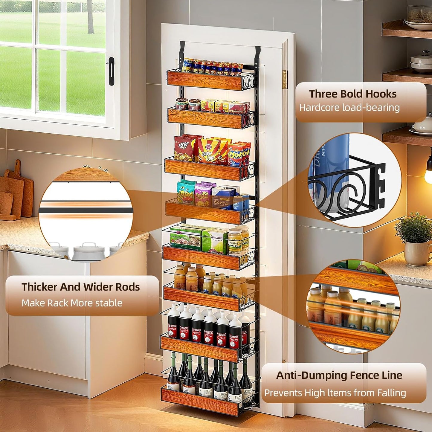 Over the Door Pantry Organizer, 8-Tier Metal Hanging Spice Rack with Adjustable Basket for Kitchen Storage