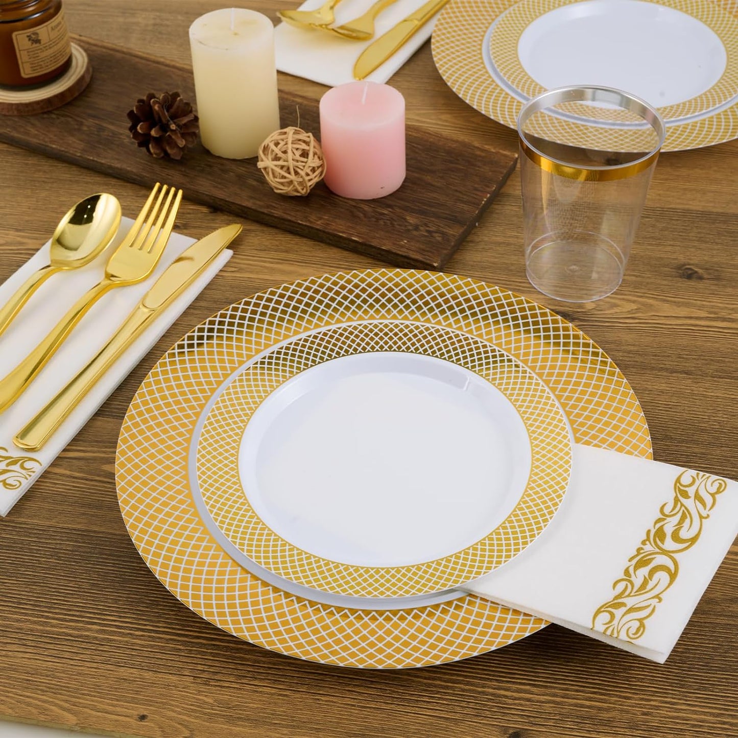 FOCUSLINE Gold Plastic Plates Set of 102, Disposable Plates with Gold Grid Rim 51 Dinner Plates 10" and 51 Salad Dessert Appetizer Plates 7", Elegant Fancy Heavy Duty Wedding Party Plates