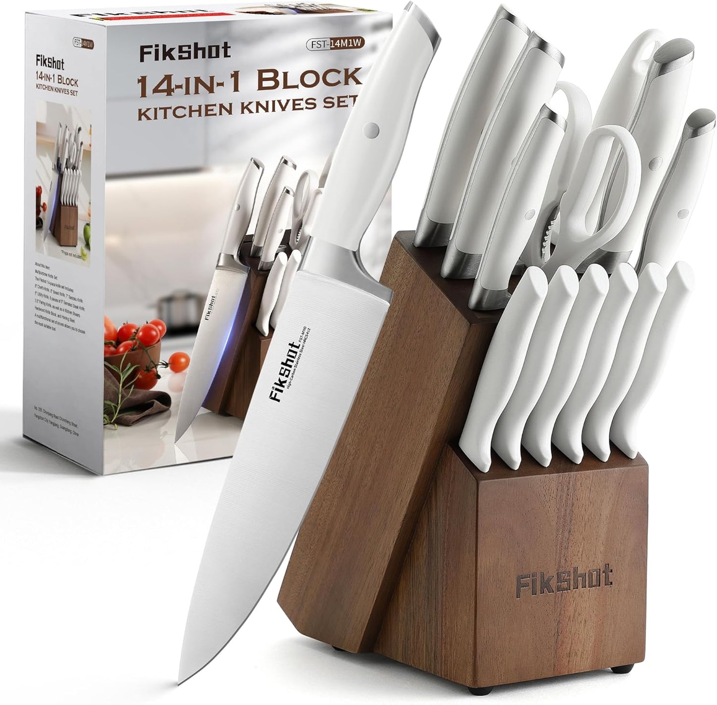 Knives Set for Kitchen, FIKSHOT 14PCS Kitchen Knife Set with Block, High Carbon Stainless Steel Full Tang Knife Sets Razor-Sharp Blade Professional Chef's Knife for Housewarming (WHITE)