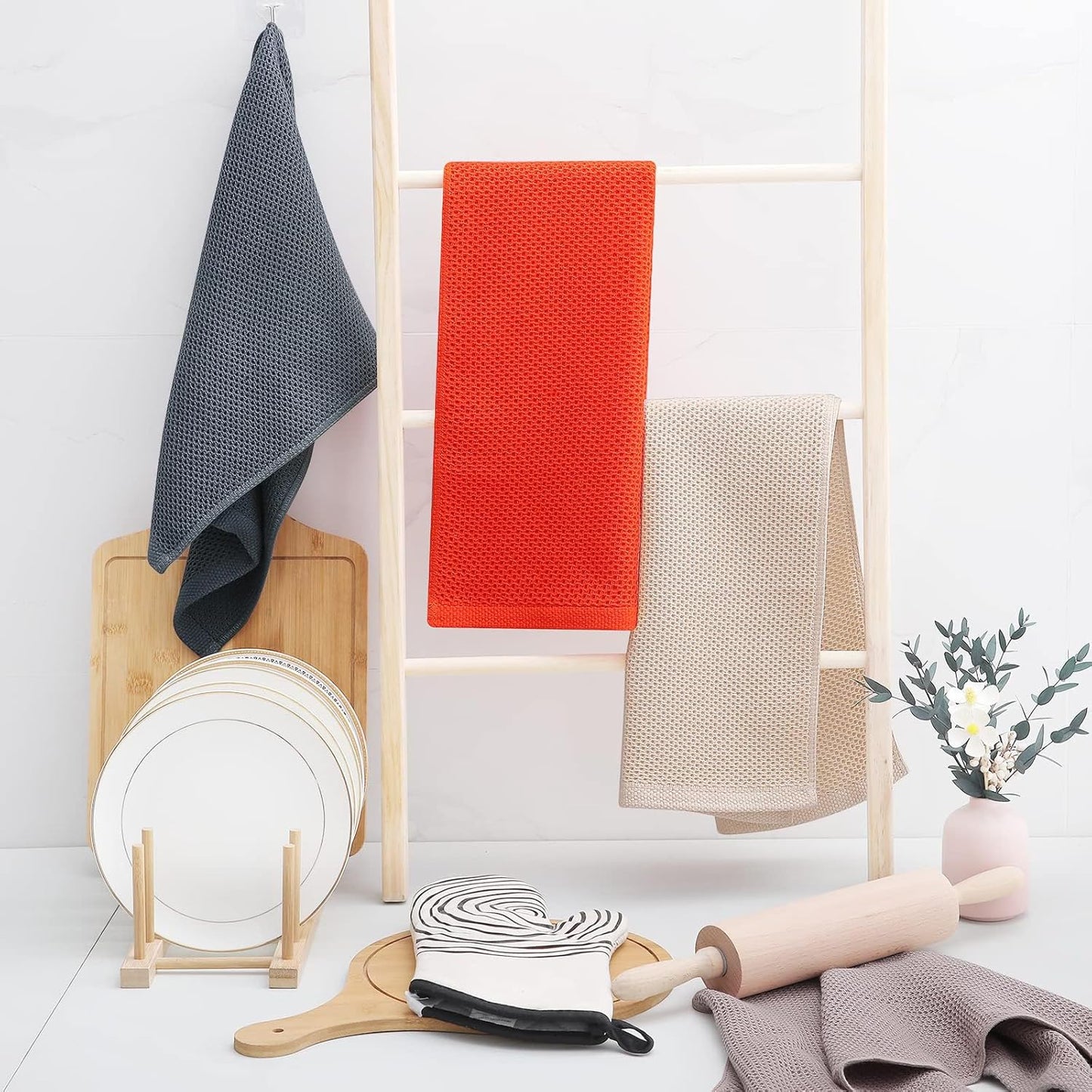 Homaxy 100% Cotton Waffle Weave Kitchen Dish Towels, Ultra Soft Absorbent Quick Drying Cleaning Towel, 13 x 28 Inches, 12-Pack, Beige