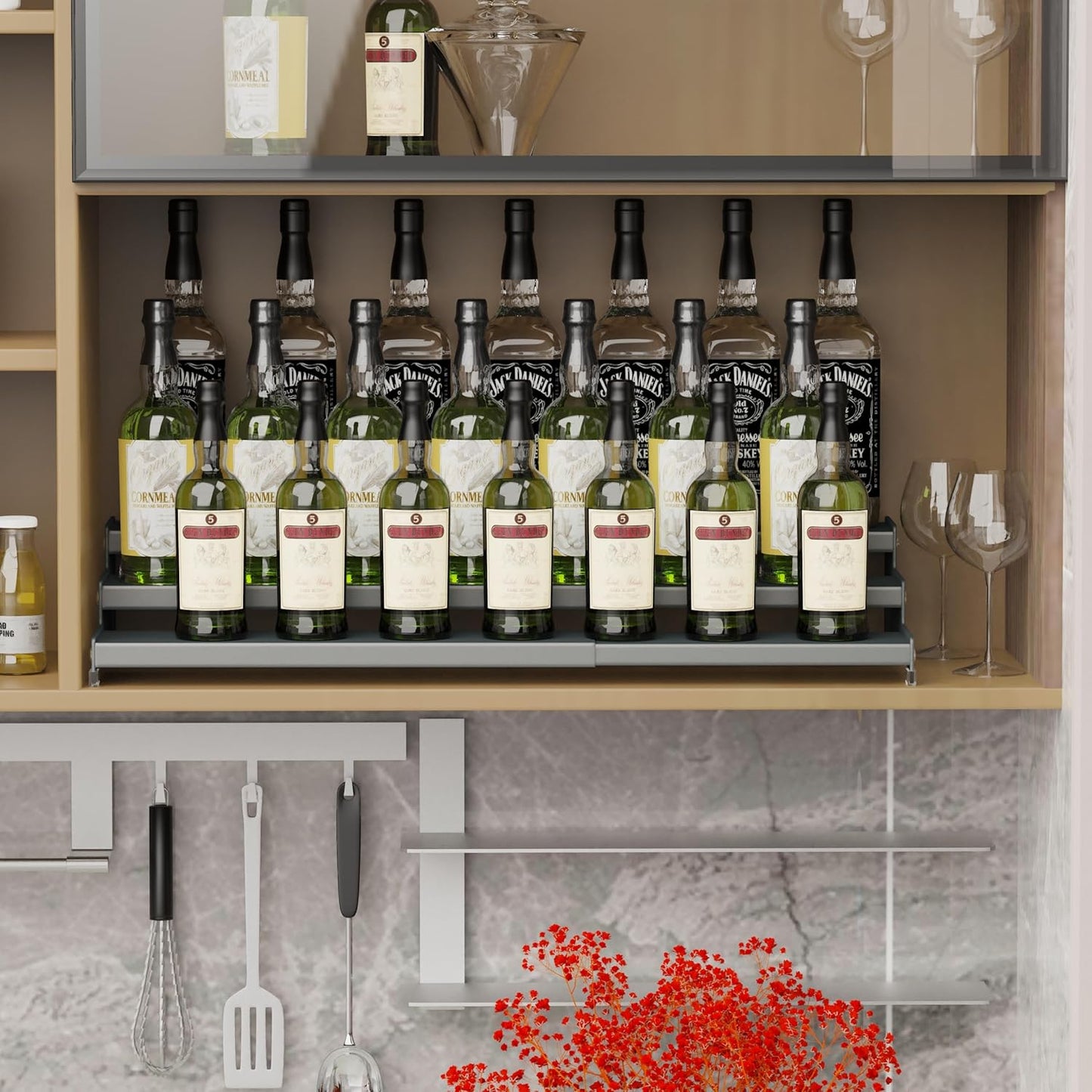 Expandable Spice Rack Storage organizer with 3-Tier step shelf cabinet,seasoning racks organizion.Great for Kitchen countertop shelves,Bathroom,dressing table,Cupboard,Pantry and more(1pack/Gun-gray)