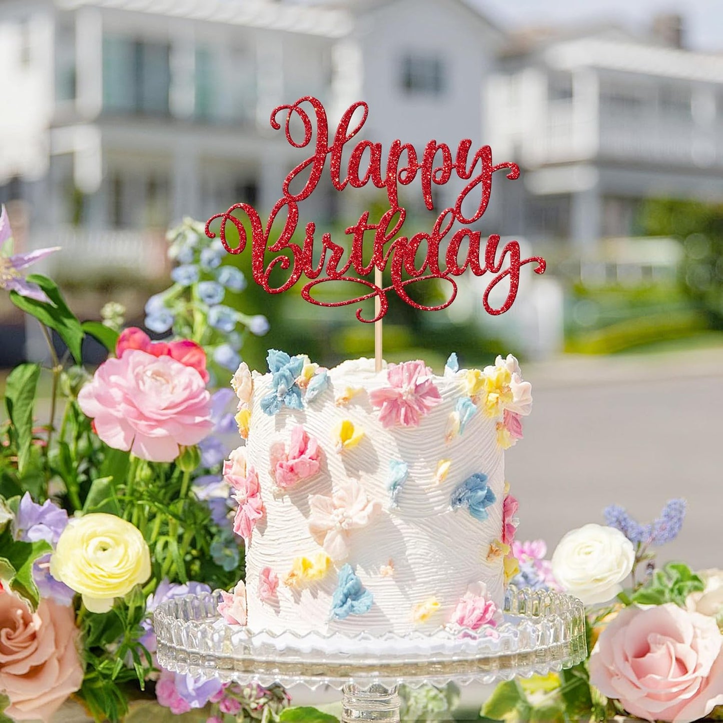 1 PCS Happy Birthday Cake Topper Glitter Happy Birthday Cake Pick Bunting Decor for Anniversary Celebrating Happy Birthday Party Cake Decorations Supplies Red