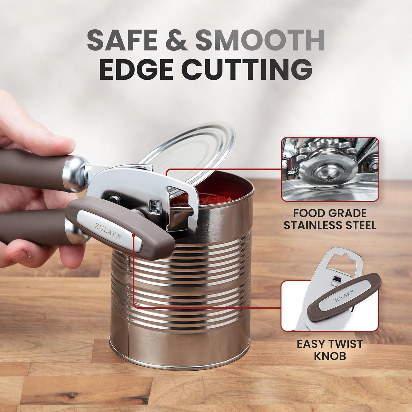 Zulay Kitchen Heavy Duty Stainless Steel Can Opener Manual with Bottle Opener - Rust Proof Manual Can Opener With Turn Knob & Comfy Soft Grip Handles - Brown