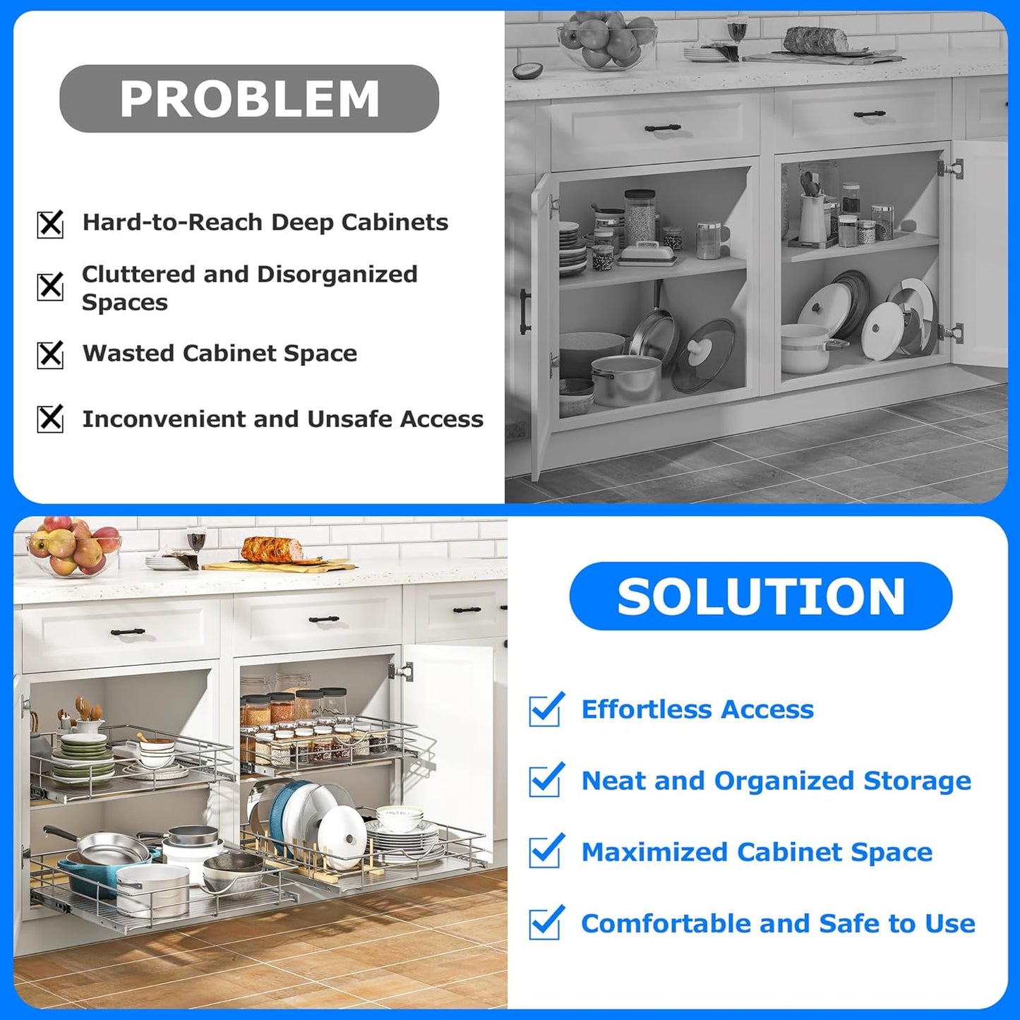 WelFurGeer Soft Close Slide Out Cabinet Shelf, 23" W x 22" D Pull Out Drawers for Kitchen Cabinets, Kitchen Shelf Organizer, Cupboard Organizers and Storage, Under Cabinet Pull Out Shelves