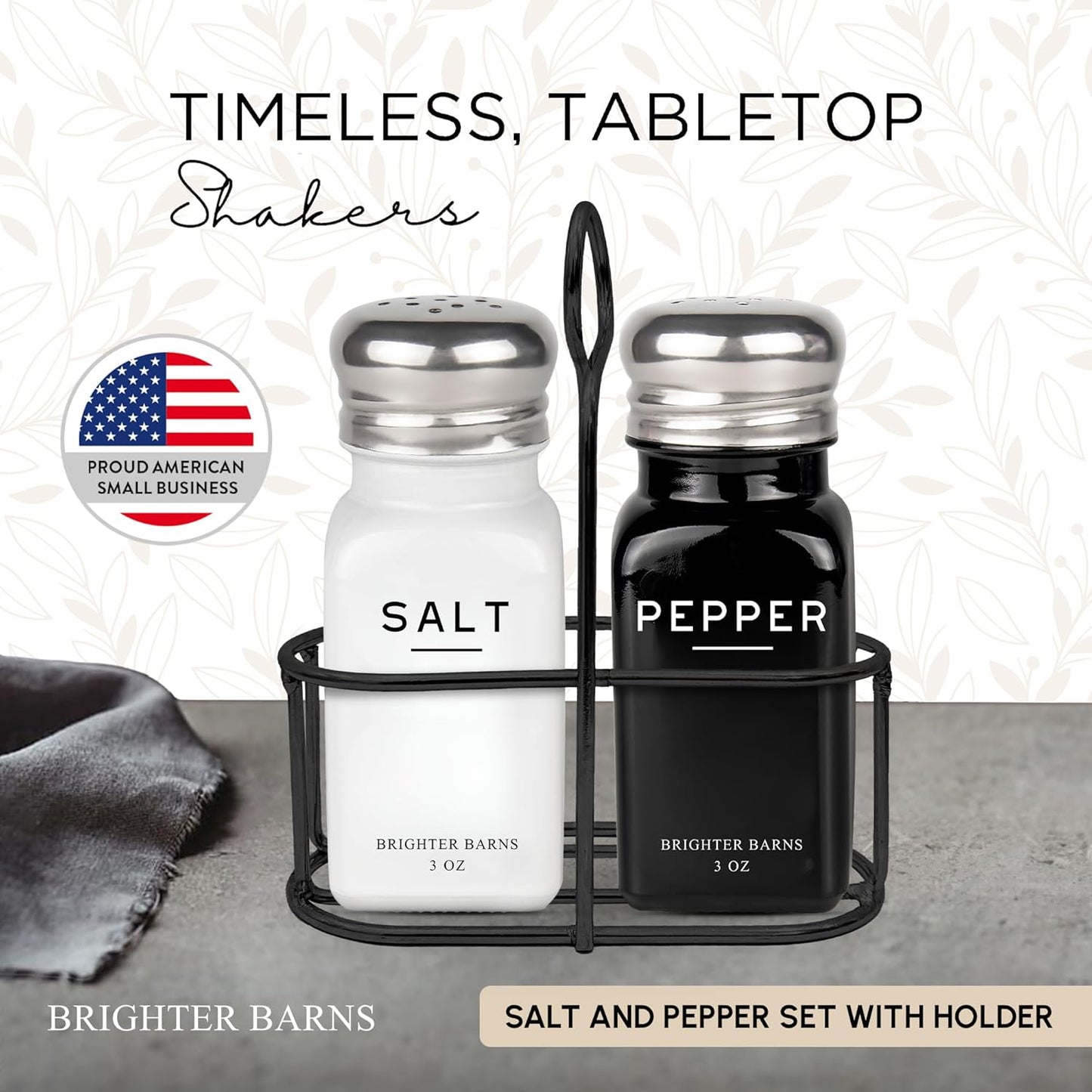Farmhouse Salt and Pepper Shakers Set with Holder by Brighter Barns - Modern Kitchen Decor and Accessories, Dining Table Decor - Cute Glass Salt Shaker with Caddy for Restaurants, Gifts (Black/White)