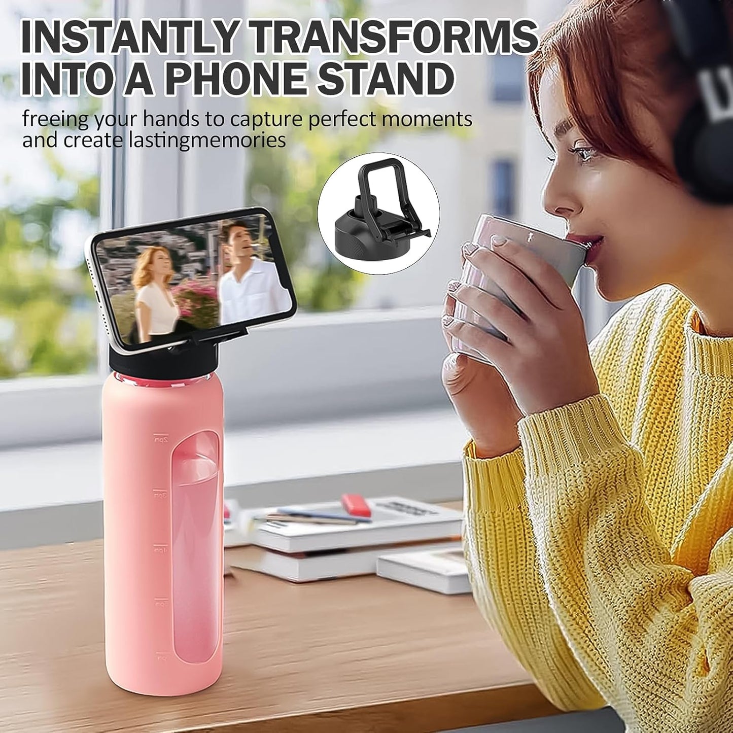 Glass Water Bottle with Straw, 24oz Glass Drinking Bottle with 2 Lids-Bamboo and Spout Lid with Phone Holder Handle for Gym Sports,with Silicone Sleeve and Time Marker,Pink