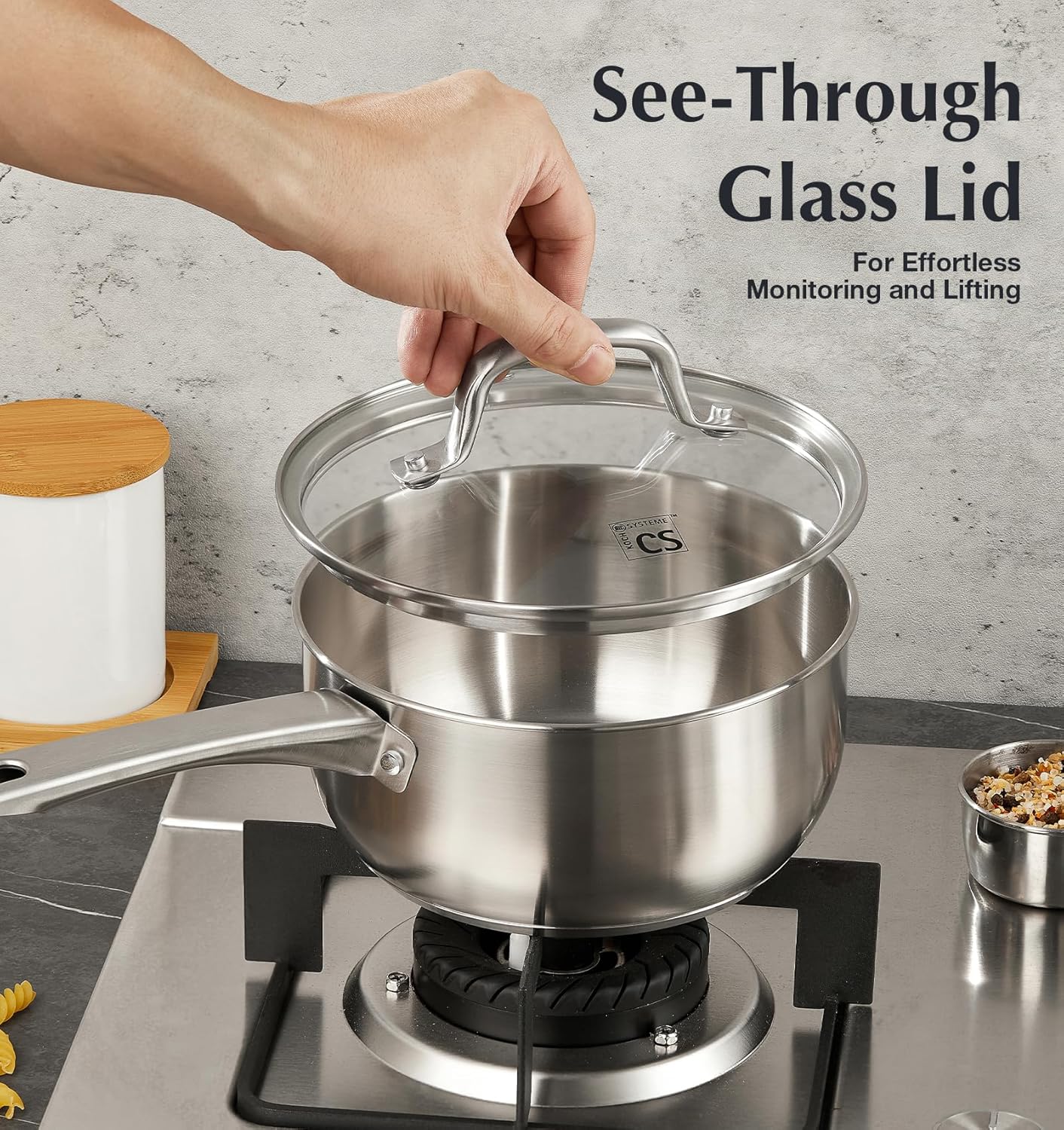 KOCH SYSTEME CS 1 Quart Stainless Steel Saucepan, 1 Quart Saucepan with Lid, Premium Steel Sauce Pan, Indutcion Sauce Pan with Lid, Small Sauce Pot, Stainless Steel Pot 1 QT, Oven Safe