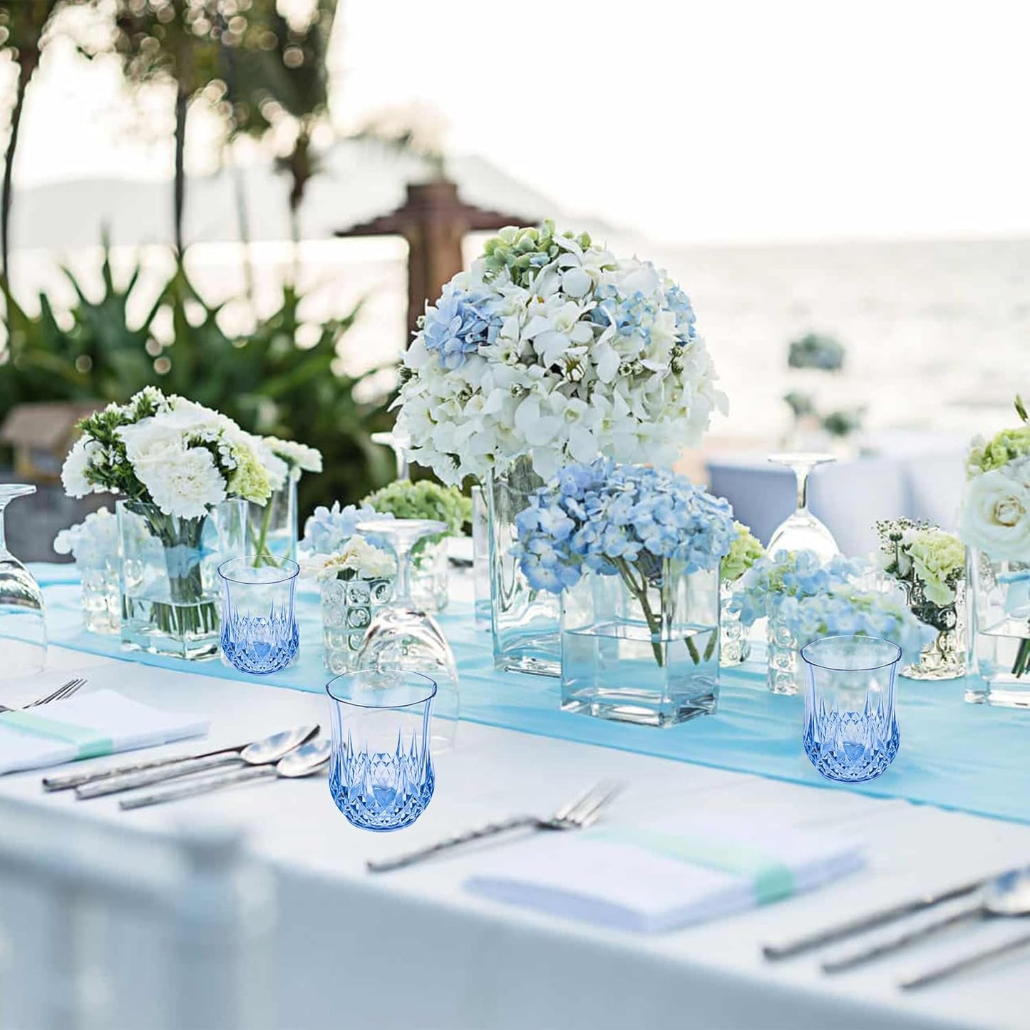 48 PCS Blue Stemless Wine Glasses，Plastic Reusable Cups 9OZ Vintage Drinking Glasses Tumblers for Whisky, Beer, Juice, Beverages, Cocktai