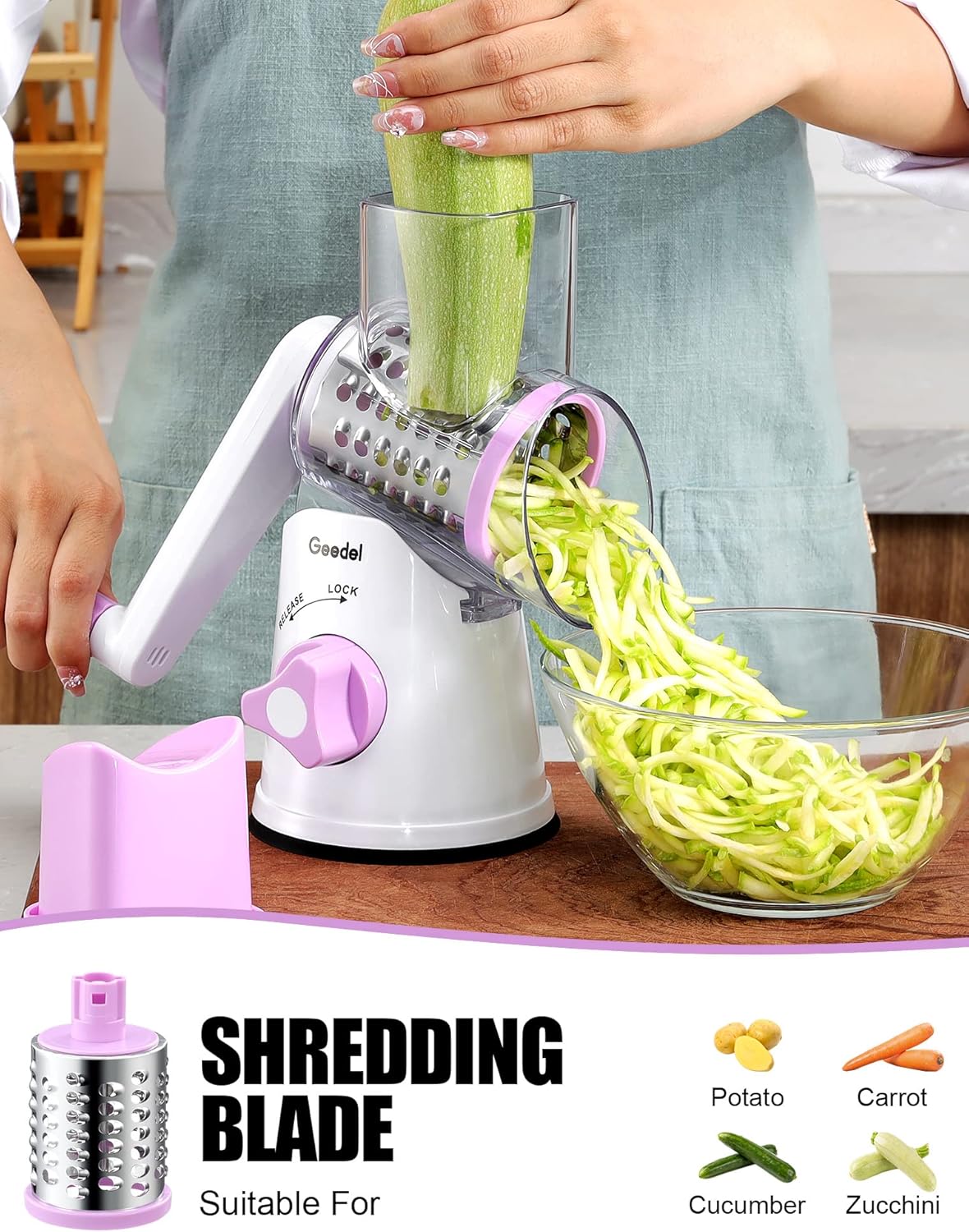 Geedel Rotary Cheese Grater, Kitchen Mandoline Vegetable Slicer with 3 Interchangeable Blades, Easy to Clean Rotary Grater Slicer for Fruit, Vegetables, Nuts