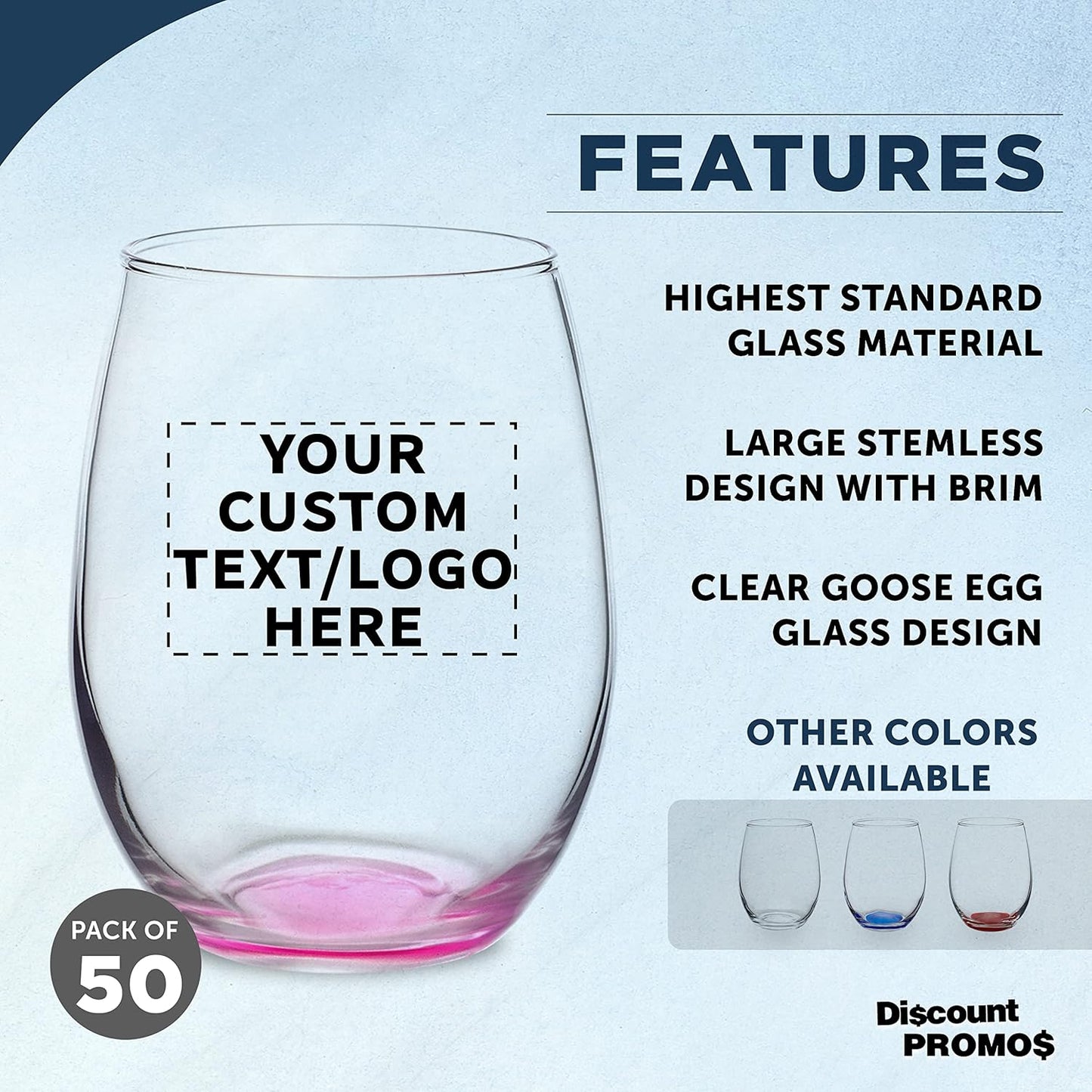 Custom Stemless Wine Glasses in Bulk by ARC Perfection, 15 oz, 50 pack, Personalized Text, Logo, Red or White Wine Glass Set, Pink