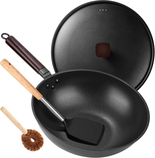Carbon Steel Wok Pan - 13" Wok Pan with Lid, Woks & Stir-Fry Pans Nonstick with Spatula & Brush, Chinese Wok Flat Bottom Wok for Induction, Electric, Gas, All Stoves