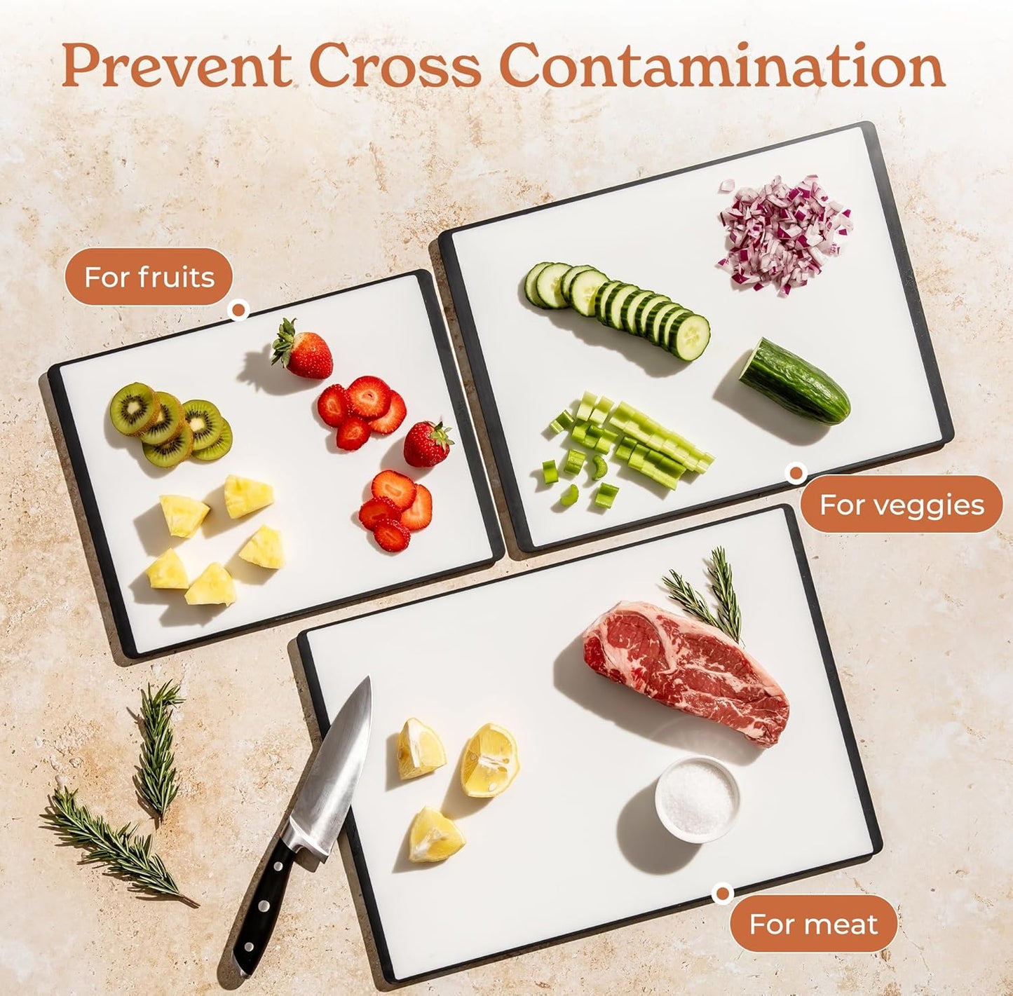 SMIRLY Plastic Cutting Board Set with Holder 4 Pieces, Non-Slip Dishwasher Safe Chopping Boards for Kitchen, Grey & White