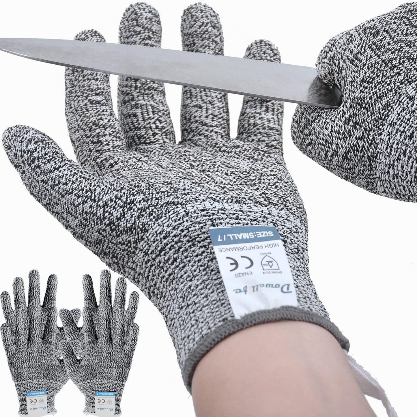 Dowellife 3 Pairs Cut Resistant Gloves Food Grade Level 5 Protection, Safety Kitchen Cuts Gloves for Mandolin Slicing, Fish Fillet, Oyster Shucking, Meat Cutting and Wood Carving (Black Gray, Small)