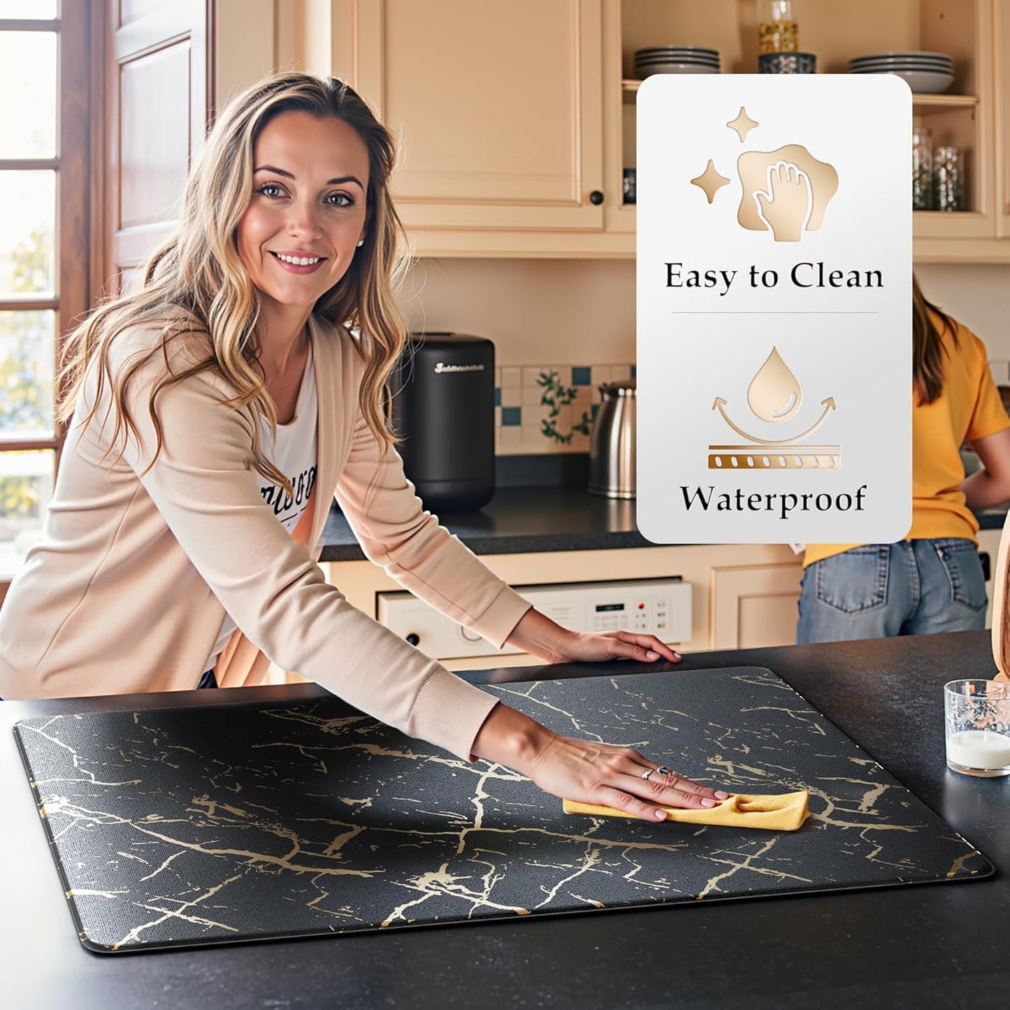 Gold Foil Stamped Marble Kitchen Mats for Floor 2PCS Cushioned Anti Fatigue Non Slip Waterproof Comfort Leather Kitchen Rugs 2/5 Inch PVC Kitchen Mats for Sink, Laundry, 17.3"x28"+17.3"x47", Black