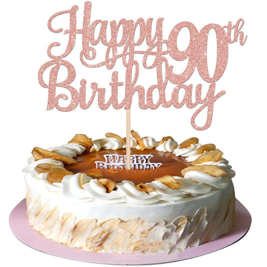 1 PCS Happy 90th Birthday Cake Topper Glitter Cheers to 90 Years Birthday Cake Pick 90 Fabulous Cake Decoration for Happy 90th Birthday Theme Party Decorations Supplies Rose Gold