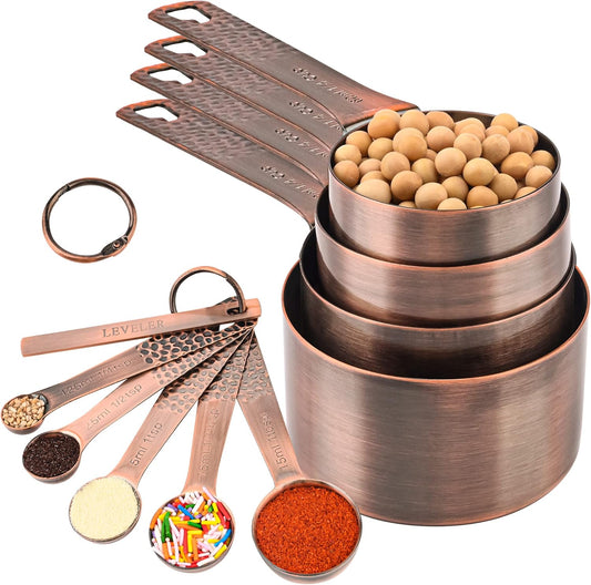 Copper Measuring Cups and Spoons Set 10, Stainless Steel Measuring Cups and Spoons Set for Baking & Kitchen, Metric & US 4 Measure Cup & 5 Measure Spoon &1Leveler for Dry & Liquid