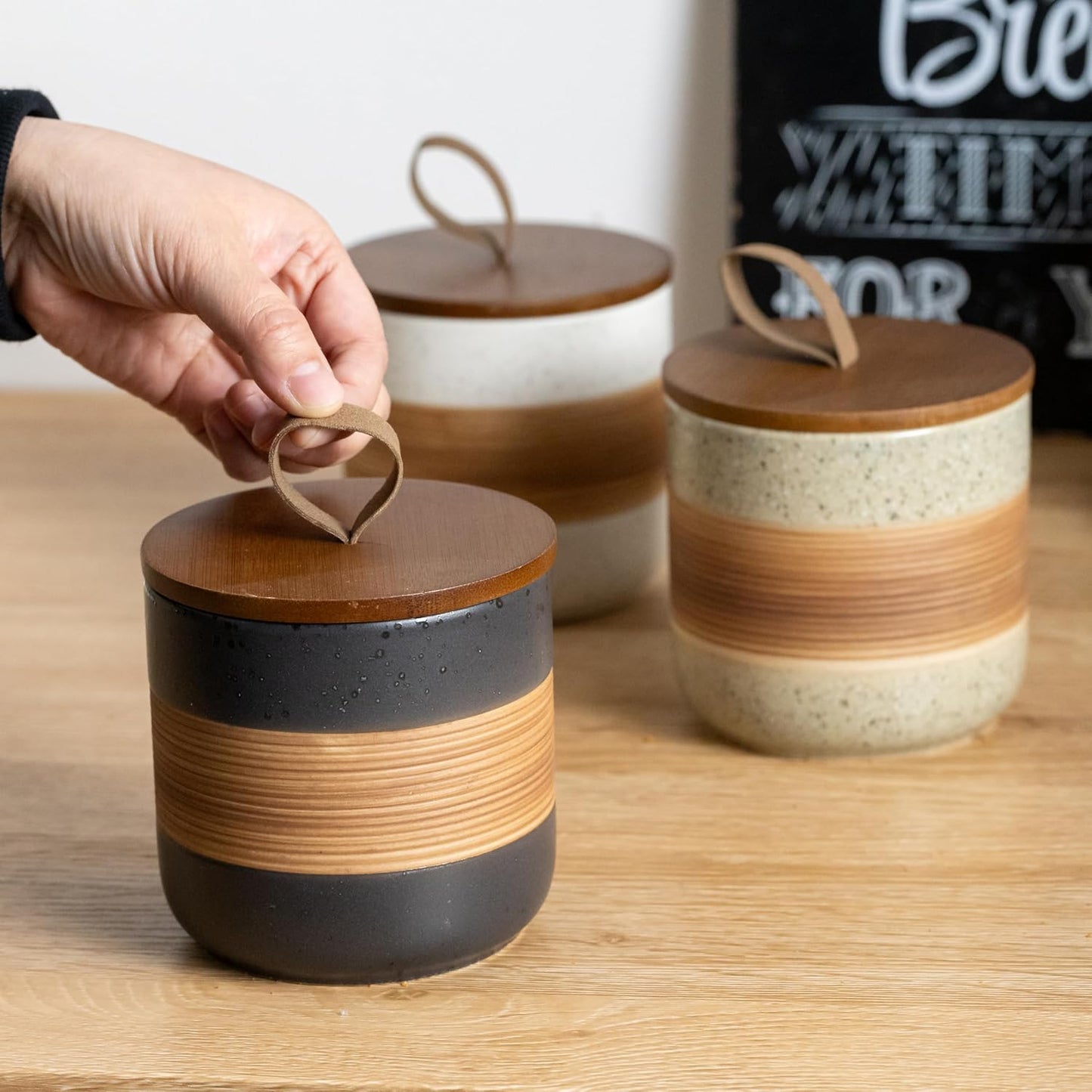 Coffee Container Jar with Lid, Ceramic Kitchen Food Storage Jars for Spice Sugar Cookie, Stackable Decorative Jars for Coffee Bar, Black & 28 fl.oz