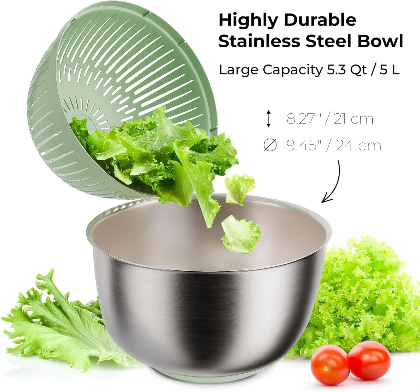 Stainless Steel Salad Spinner Large - Fruit and Vegetable Wash Bowl with Strainer - Lettuce Spinner, Fruit Cleaner, Collapsible Salad Dryer 5.3 Quart Capacity