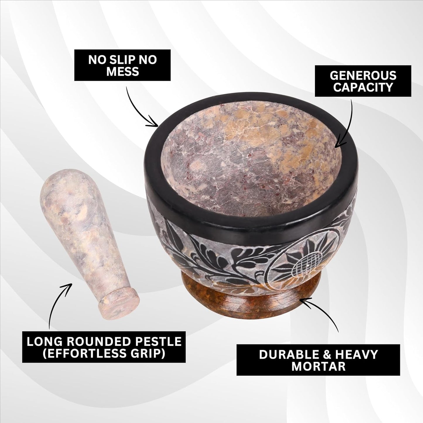 Mortar and Pestle, Made of Heavy Duty Polished Hard Stone, Natural Stone Grinder for Spices, Pastes, Herbs, Seasoning etc. (Black & Yellow)