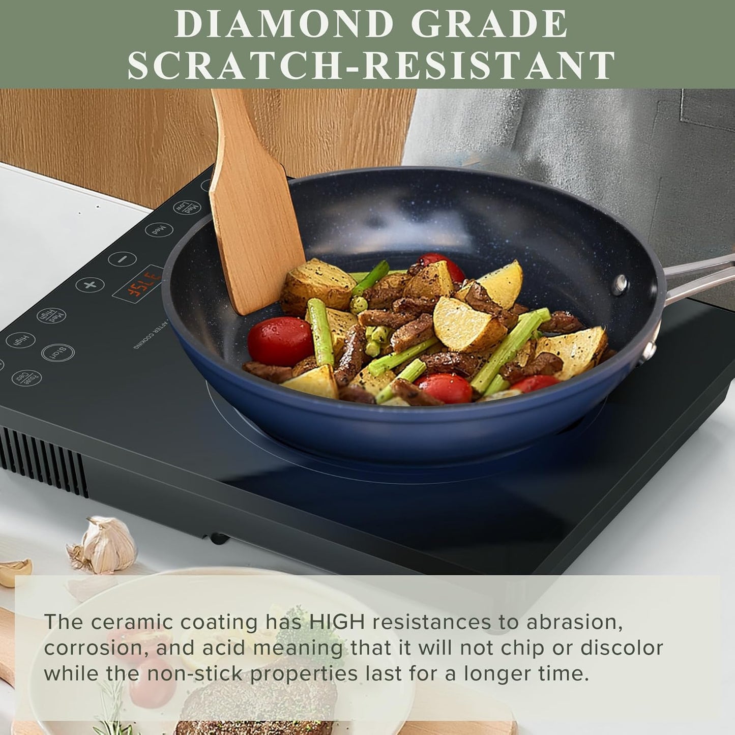 Nuwave Healthy Duralon Blue Ceramic Nonstick Cookware Set, Diamond Infused Scratch-Resistant, PFAS Free, Dishwasher & Oven Safe, Induction Ready & Evenly Heats, Tempered Glass Lids & Stay-Cool Handles