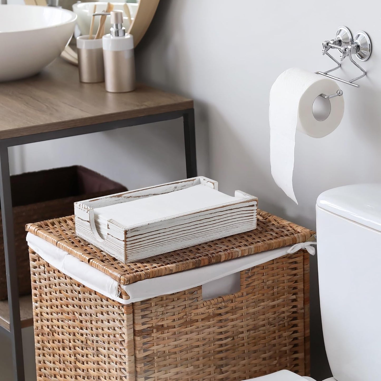 Napkin Holder for Bathroom, White Washed Wood Guest Towel Holder Tray for Bathroom, Disposable Paper Hand Towel Holder for Bathroom Accessories, Dinner Napkin Holder for Kitchen Table Party