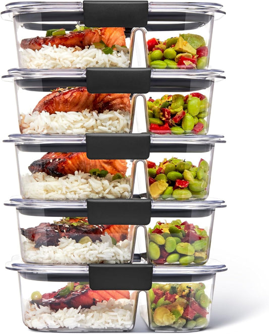 Rubbermaid Brilliance Meal Prep Containers, 2-Compartment Food Storage Containers, 2.85 Cup, 5-Pack, BPA-Free, Clear/Grey