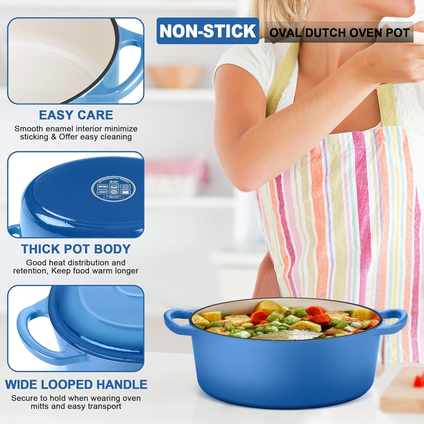 E-far 5QT Oval Dutch Oven Pot with Lid, Enameled Cast Iron Dutch Oven with Dual Handles for Sourdough Bread Baking Cooking, Nonstick Enamel Coated Cookware(Blue), Non-Toxic & Easy Clean