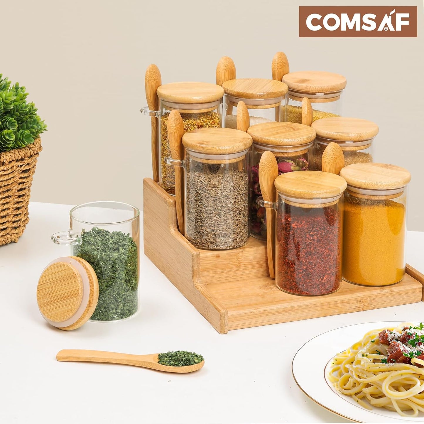 ComSaf 12 Pcs Glass Spice Jars and Spoons, 8oz Glass Containers with Bamboo Lids, Storage Containers with Airtight Lids with 275 Labels for Seasonings, Salt, Loose Leaf Tea Storage