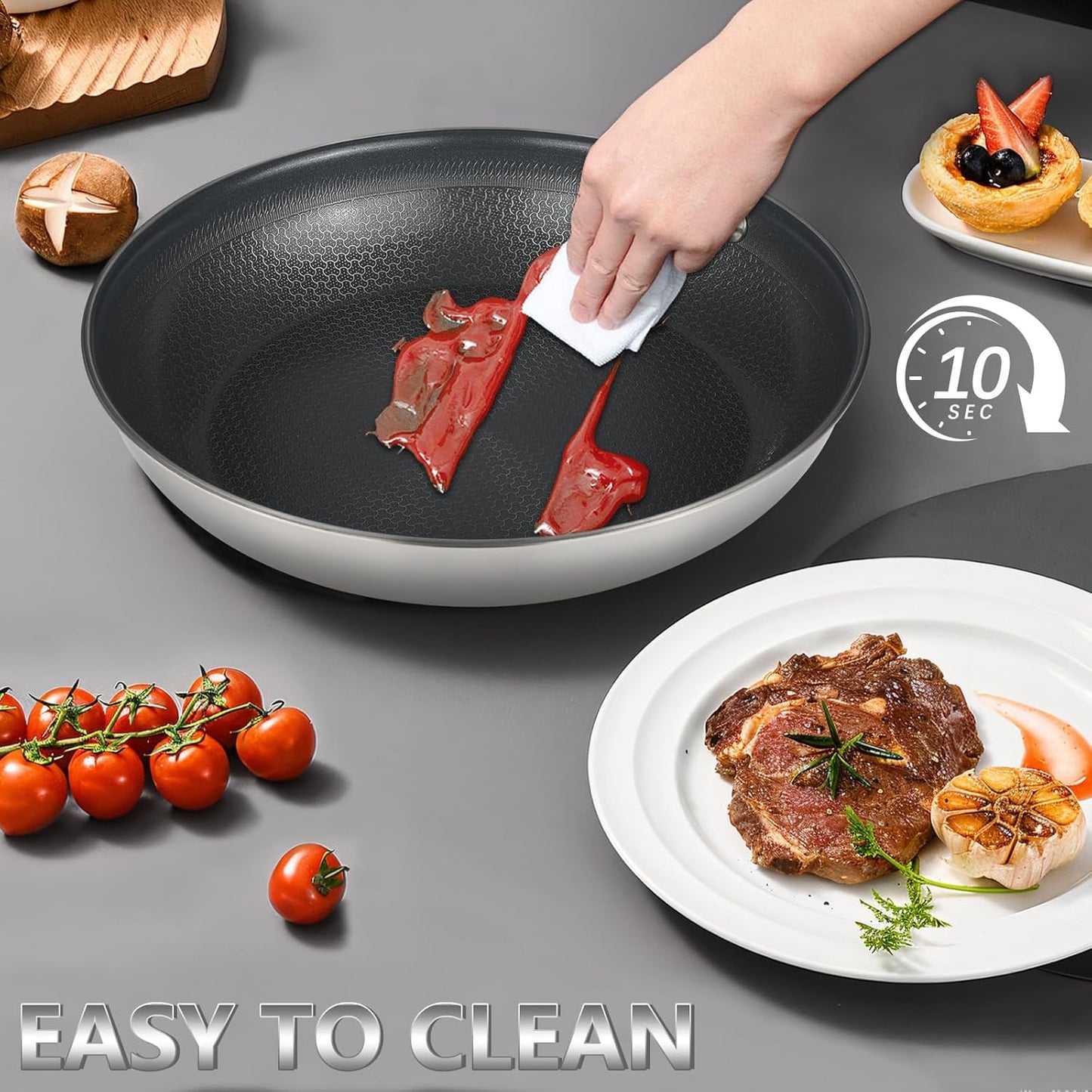 Stainless Steel Nonstick Frying Pan, Hybrid Ceramic 12-Inch Frying Pans, Stay-Cool Handle, PFAS & PFOA PTFE Free, Dishwasher & Oven Safe, Scratch-Resistant, Compatible with Induction & All Cooktops