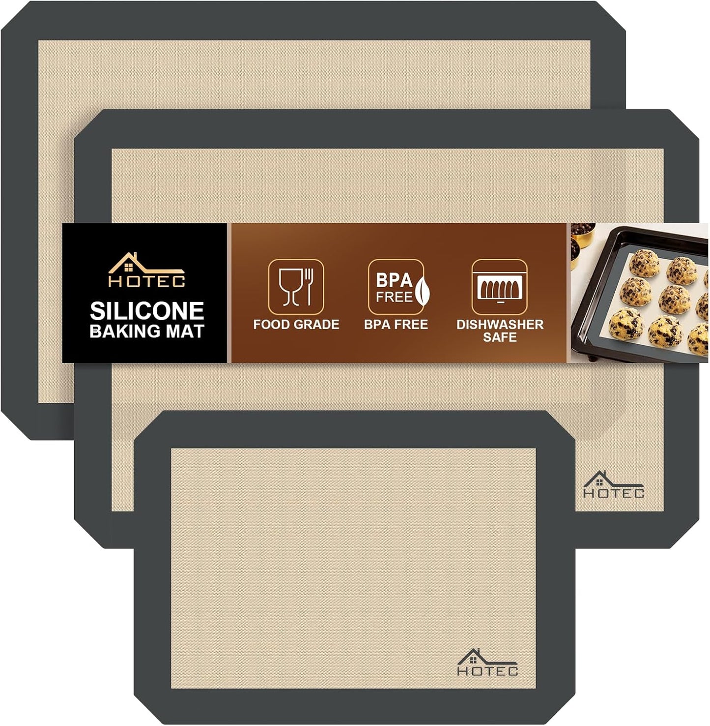 HOTEC Silicone Baking Mats 3 Pack – Non-Stick Reusable Silicone Baking Sheets for Oven – Cookie & Macaron Mats – 2 Half Sheet + 1 Quarter Sheet – BPA-Free, Dishwasher Safe