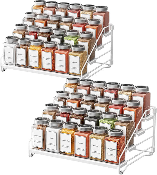 Spice Organization for Cabinet, Spice Rack Organizer, Spice Rack Organizer for Cabinet, Depth Adjustable Seasoning Organzier Organizer for Cabinet, Countertop, Pantry, Metal, White (2 Pack)