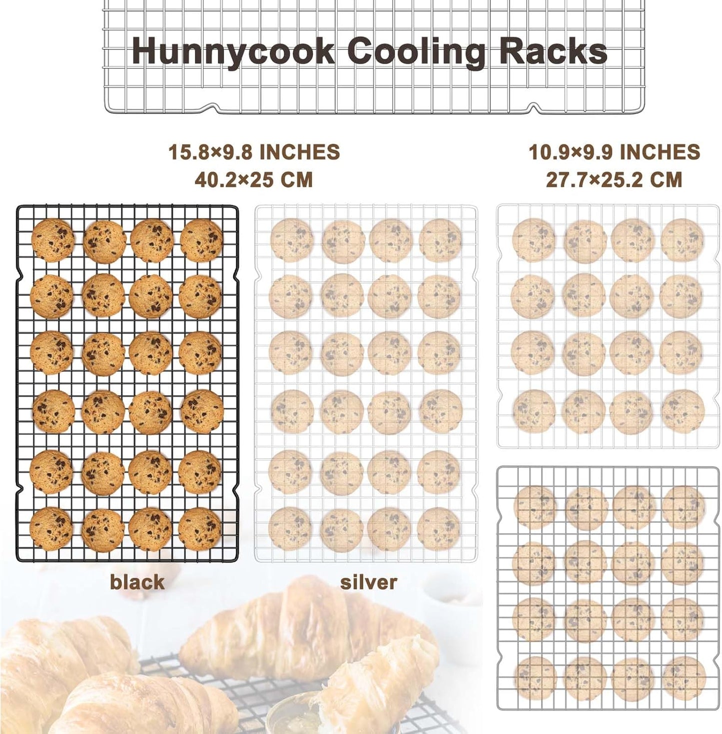 15.8”×9.8” Cooling Rack, 3P Stainless Steel Baking Rack, Oven Safe Cooling Racks for Cooking and Baking, Black Roasting Rack & Wire Rack & Cookie Cooling Rack for Roasting, Grilling, Drying