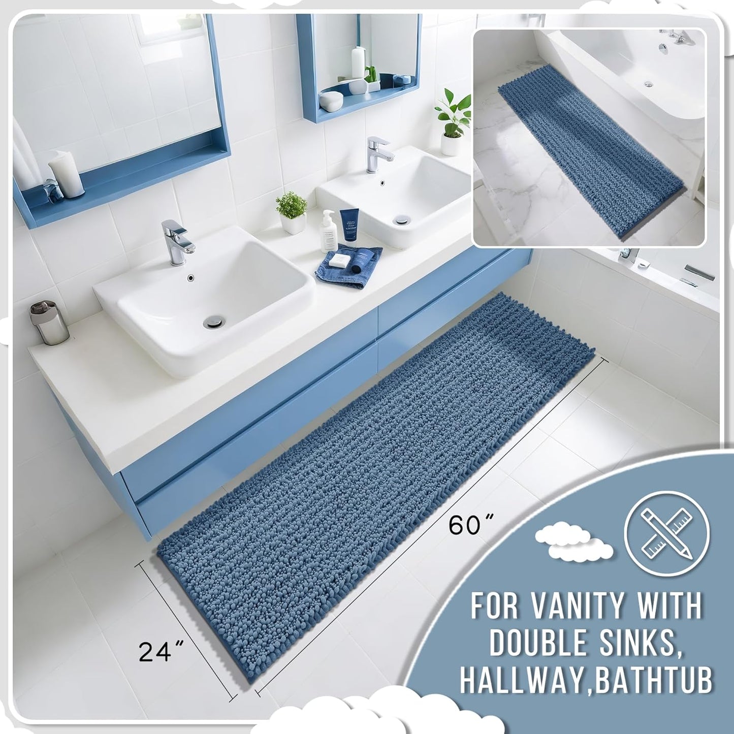 Yimobra Bathroom Runner Rug 60x24 Inch - Extra Long Non Slip Chenille Bath Mat, Soft & Absorbent, Machine Washable Shaggy Hallway Carpet for Vanity Tub Shower, Denim Blue Home Decor Accessories