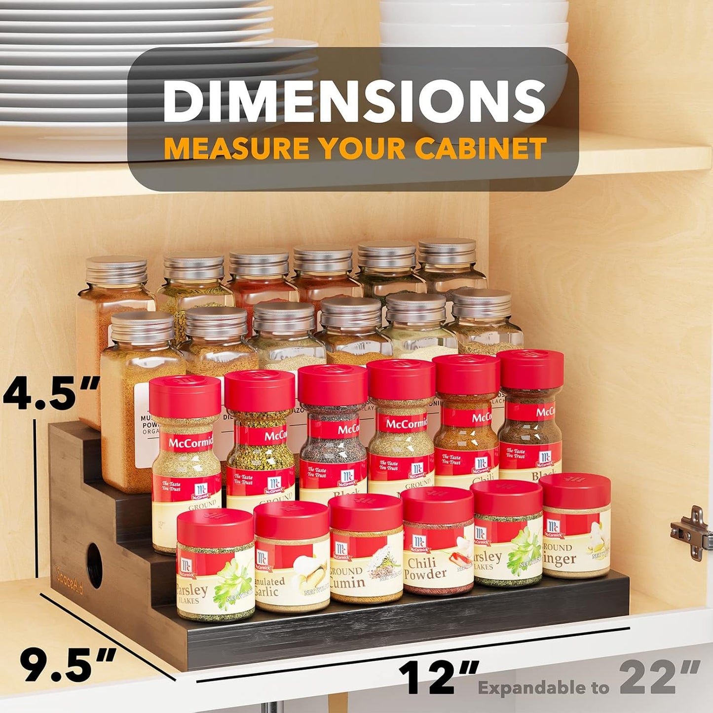 SpaceAid Bamboo Spice Rack Organizer for Cabinet, Kitchen Pantry Spices Storage Rack for Cabinets Organization, Home Seasoning Tiered Can Goods Racks Wood Shelf Organizers (4 Tier, Black)