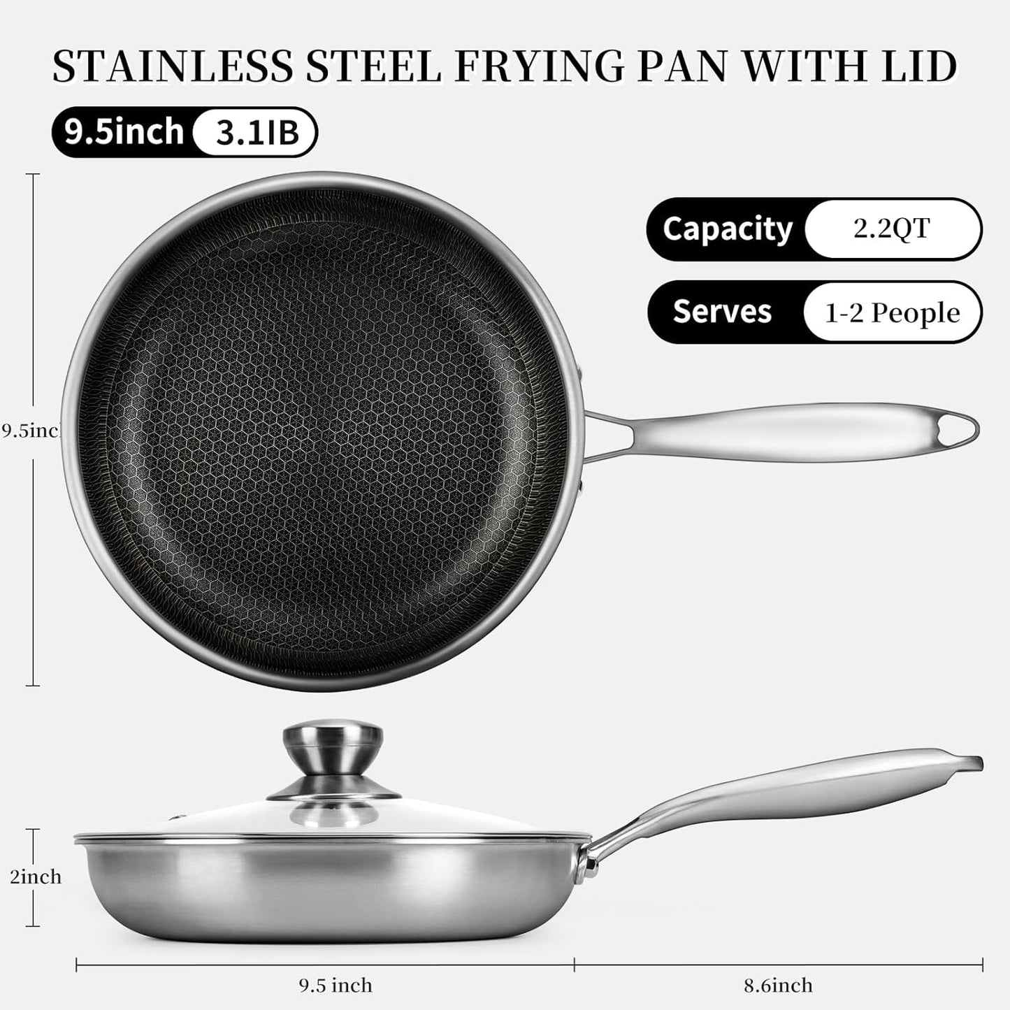 Stainless Steel Frying Pan with Lid - 9.5 Inch Nonstick Frying Pan with Lid, Honeycomb Stainless Steel Skillet Omelet Chef's Pan with Stay Cool Handle, Induction Compatible, PFOA Free